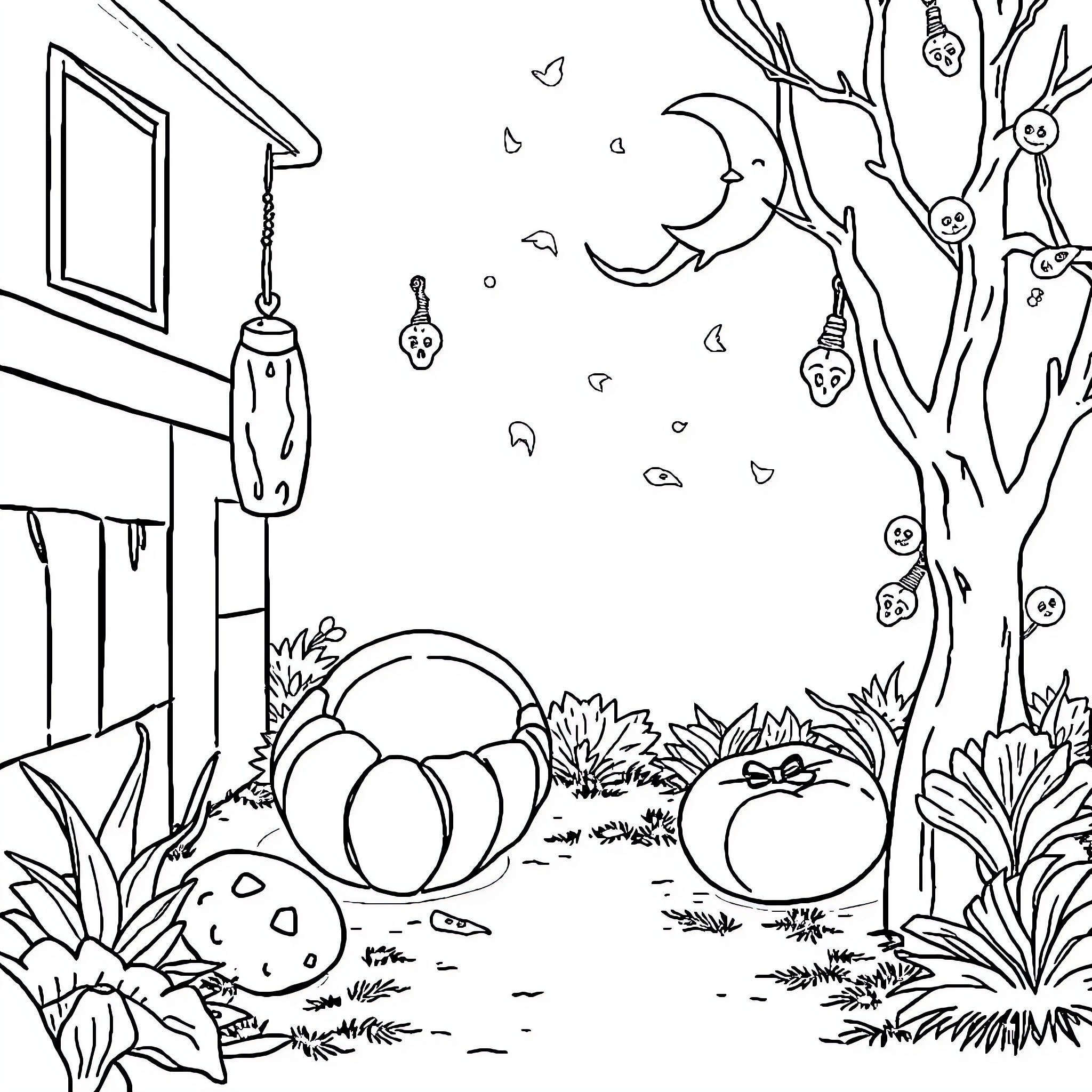 Glow in the Dark Whimsical Forest Scene Coloring Page (free black-and-white line drawing printable PDF for all, from beginners to advanced learners, including children, teens, adults, and seniors)