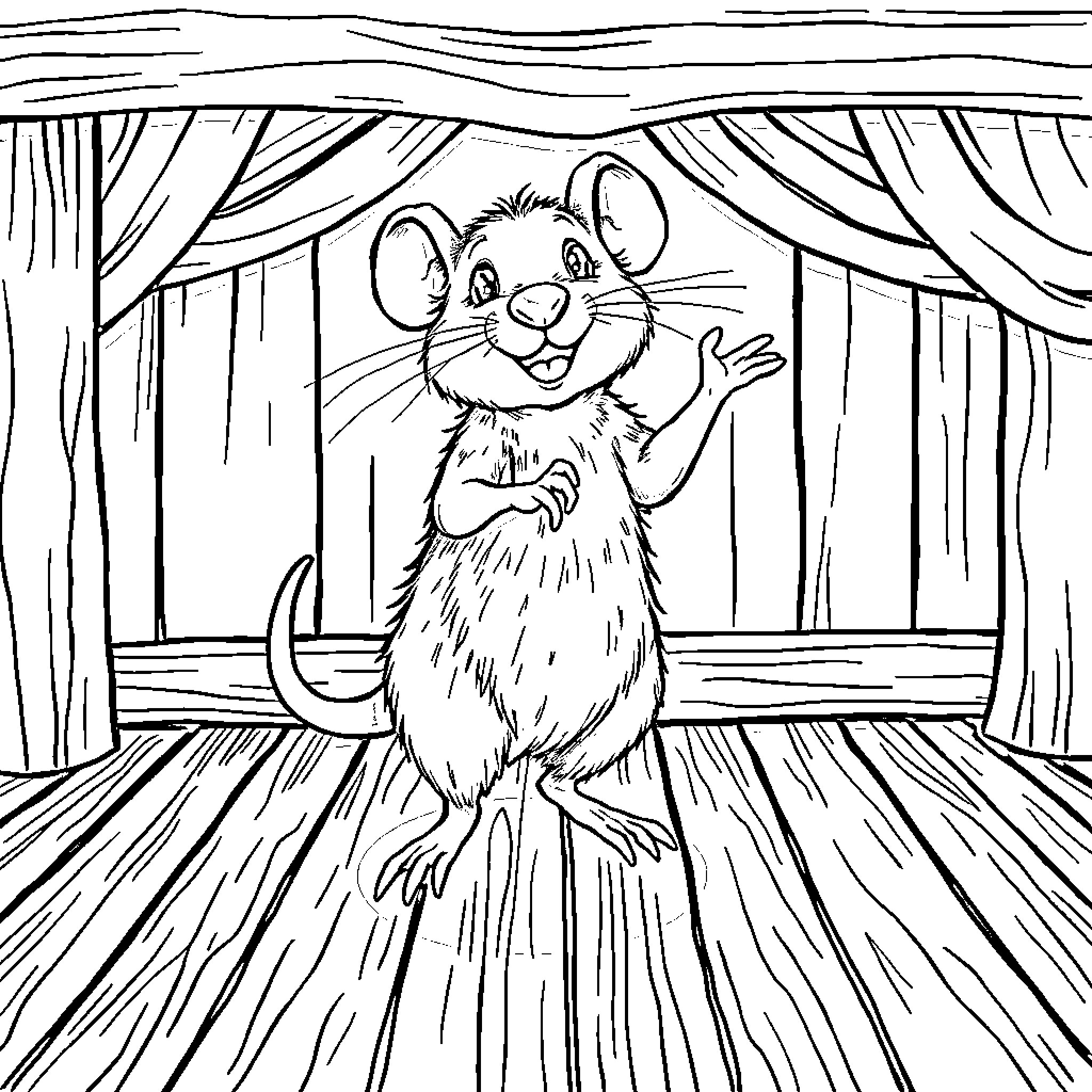 Rat performing on a stage with curtains Coloring Page (free black-and-white line drawing printable PDF for all, from beginners to advanced learners, including children, teens, adults, and seniors)