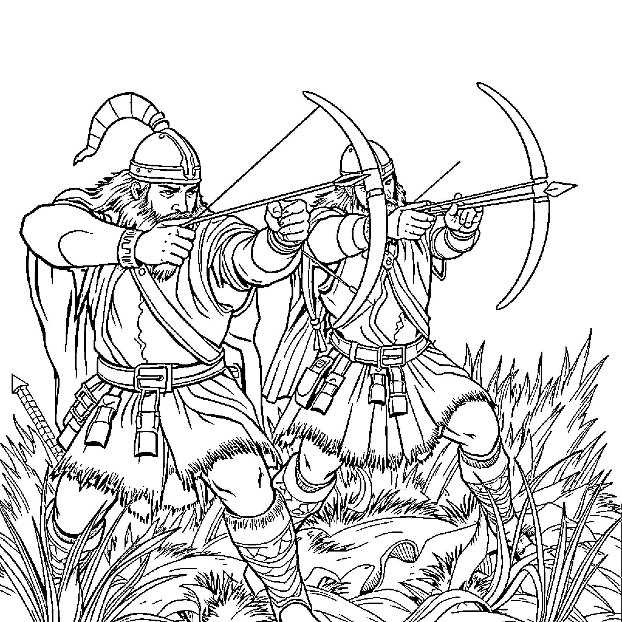 Viking Archers Engaged in Battle Coloring Page (free black-and-white line drawing printable PDF for all, from beginners to advanced learners, including children, teens, adults, and seniors)