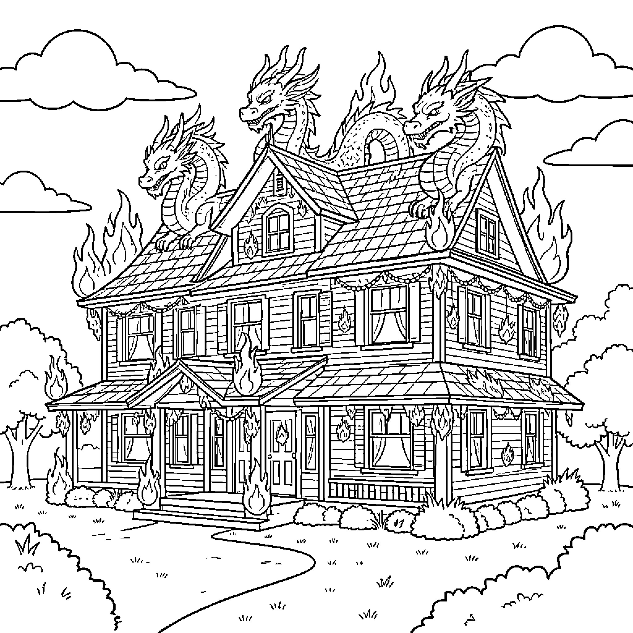 Dragon perched atop a house surrounded by flames Coloring Page (free black-and-white line drawing printable PDF for all, from beginners to advanced learners, including children, teens, adults, and seniors)