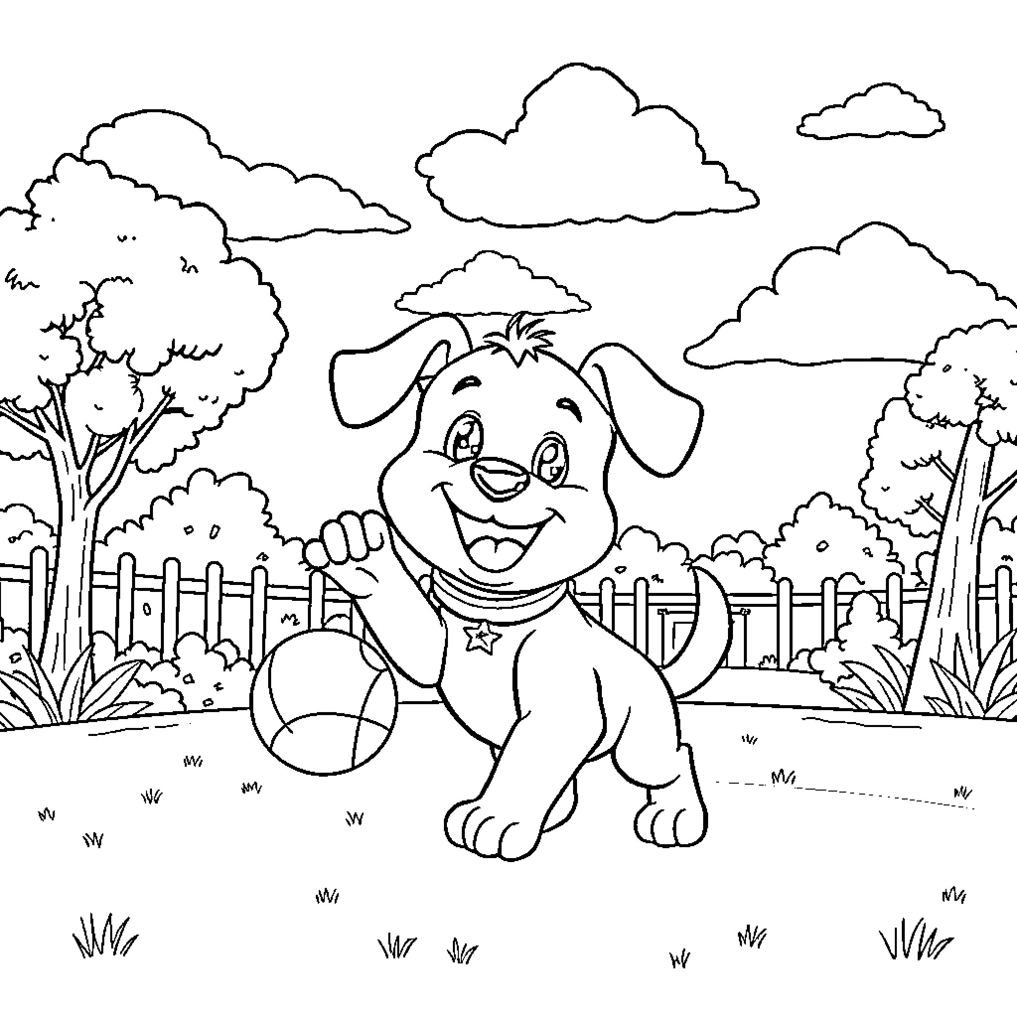 Bluey the Playful Puppy in the Garden Coloring Page (free black-and-white line drawing printable PDF for all, from beginners to advanced learners, including children, teens, adults, and seniors)