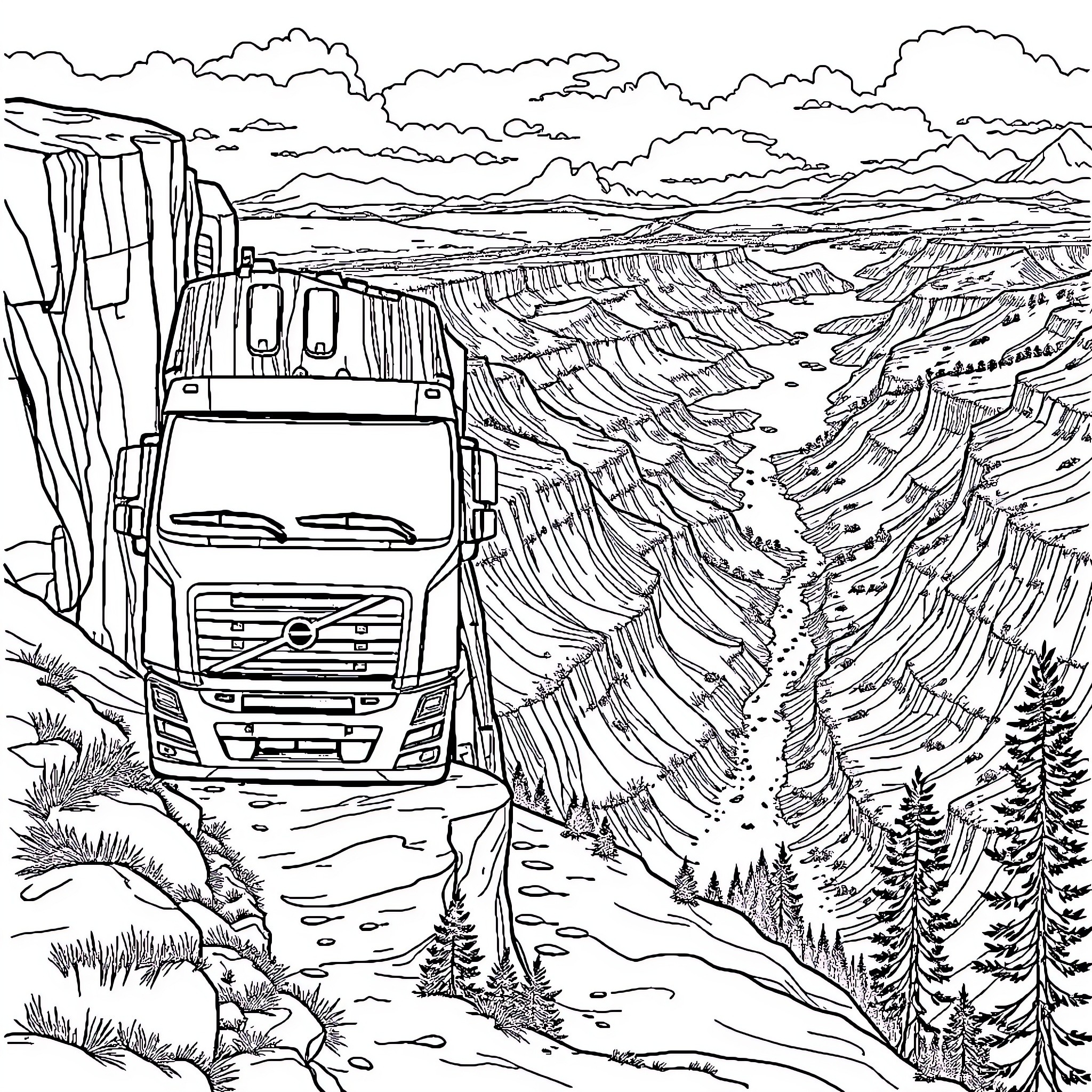 Volvo Truck navigating through rugged mountain terrain Coloring Page (free black-and-white line drawing printable PDF for all, from beginners to advanced learners, including children, teens, adults, and seniors)