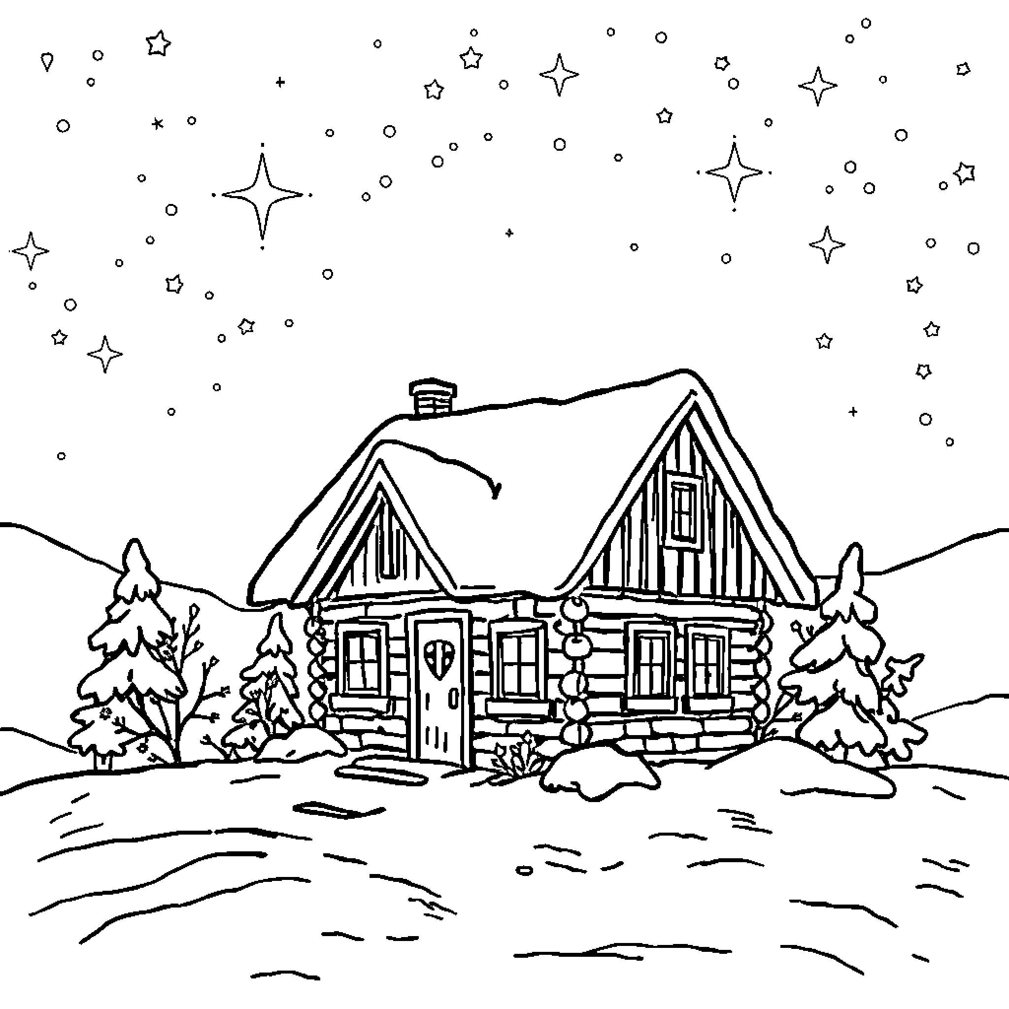 House with Snow-Covered Roof and Starry Night Sky Coloring Page (free black-and-white line drawing printable PDF for all, from beginners to advanced learners, including children, teens, adults, and seniors)