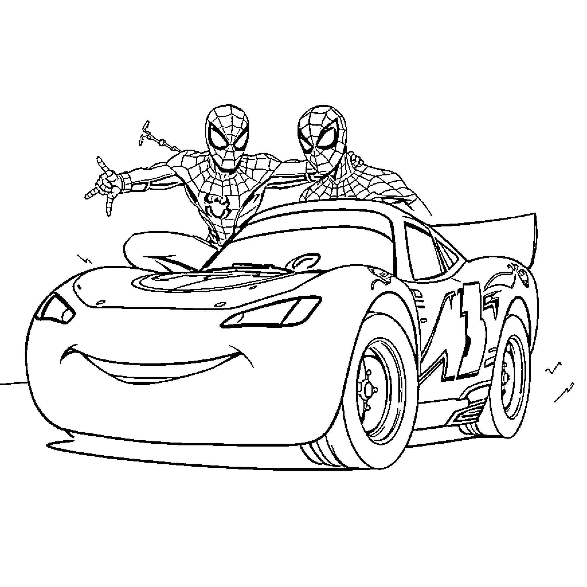 Rayo McQueen's Supercar Adventure with Spiderman Coloring Page (free black-and-white line drawing printable PDF for all, from beginners to advanced learners, including children, teens, adults, and seniors)