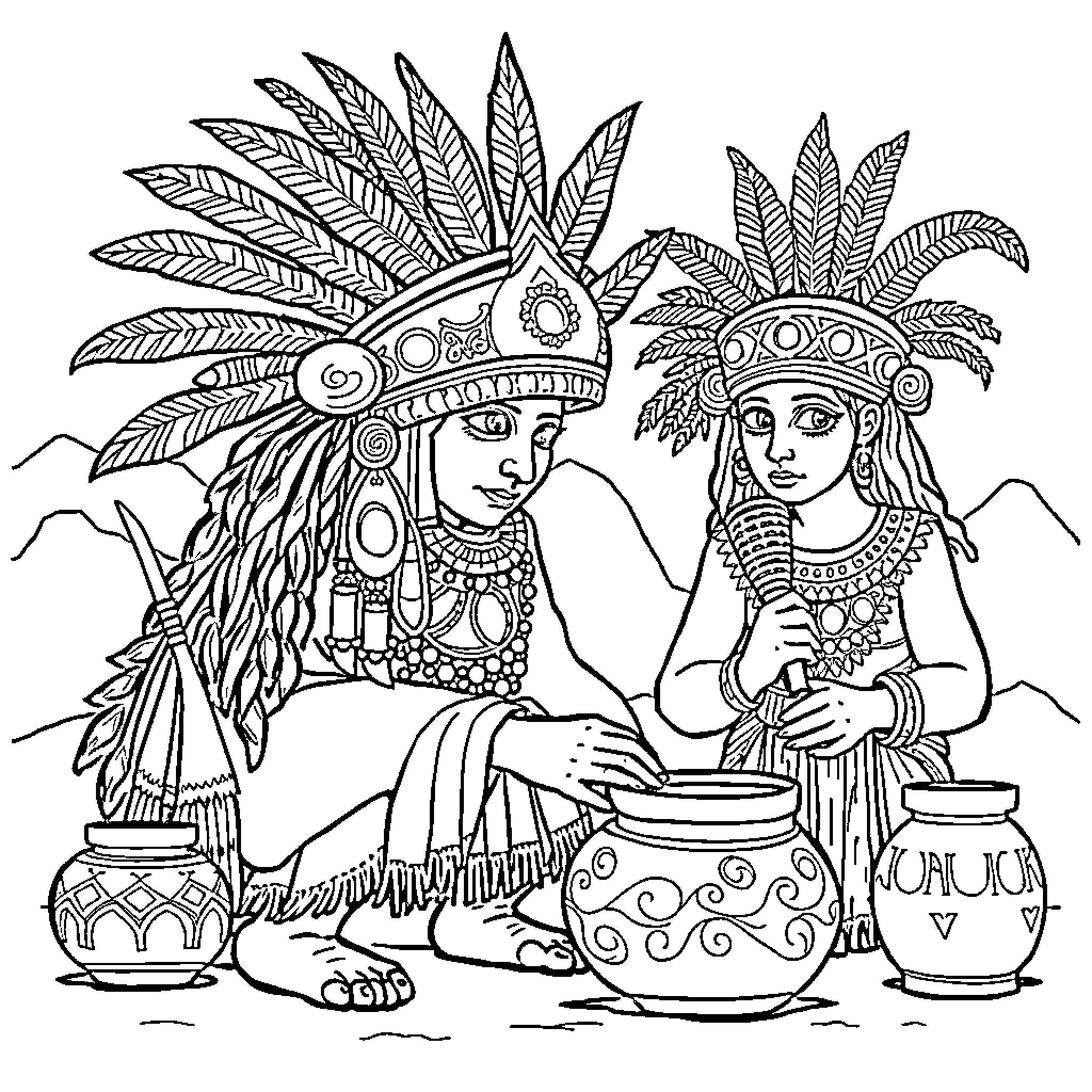 Moche Figures in Traditional Attire and Ritual Adornments Coloring Page (free black-and-white line drawing printable PDF for all, from beginners to advanced learners, including children, teens, adults, and seniors)