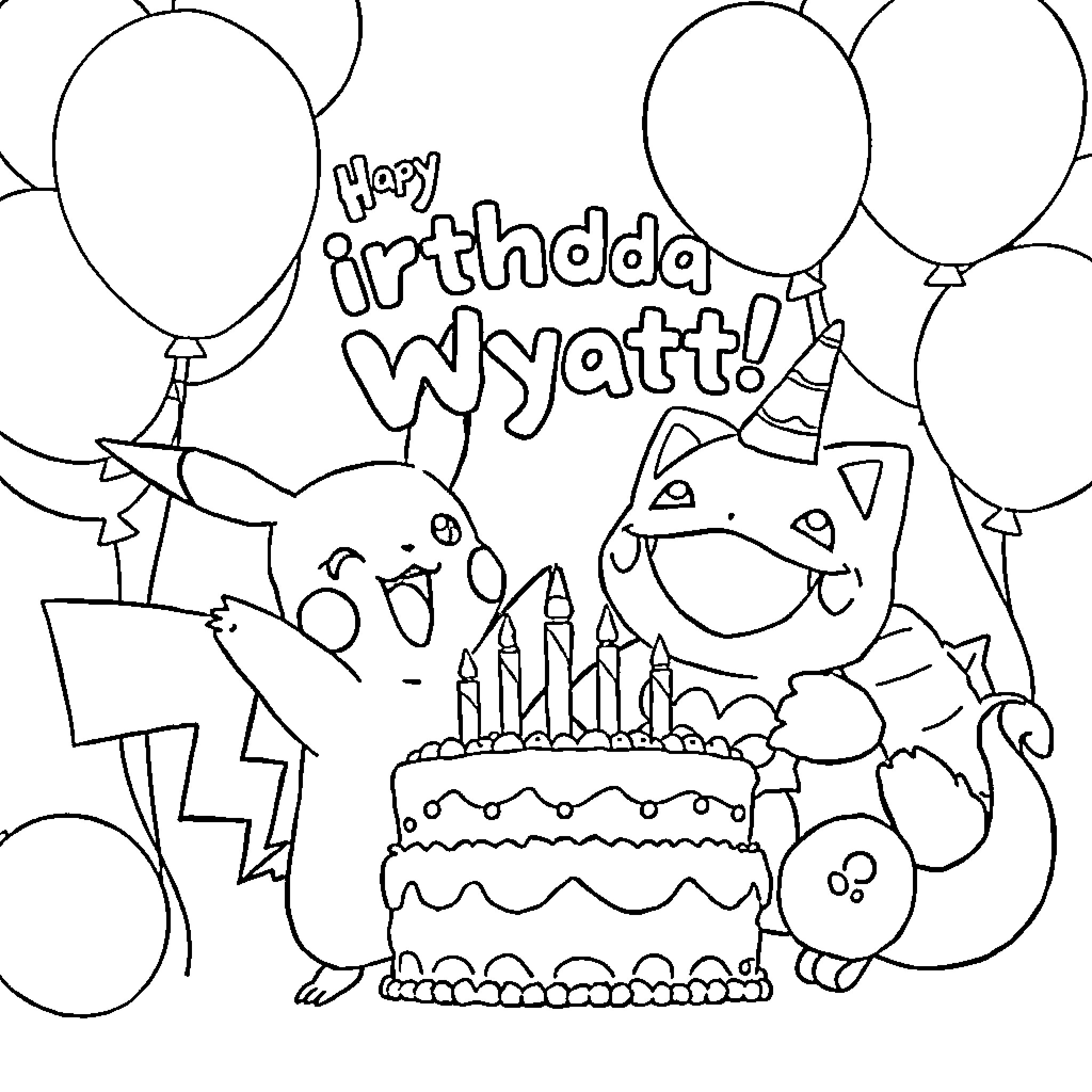 Pikachu celebrates Wyatt's birthday with party hats and cake Coloring Page (free black-and-white line drawing printable PDF for all, from beginners to advanced learners, including children, teens, adults, and seniors)