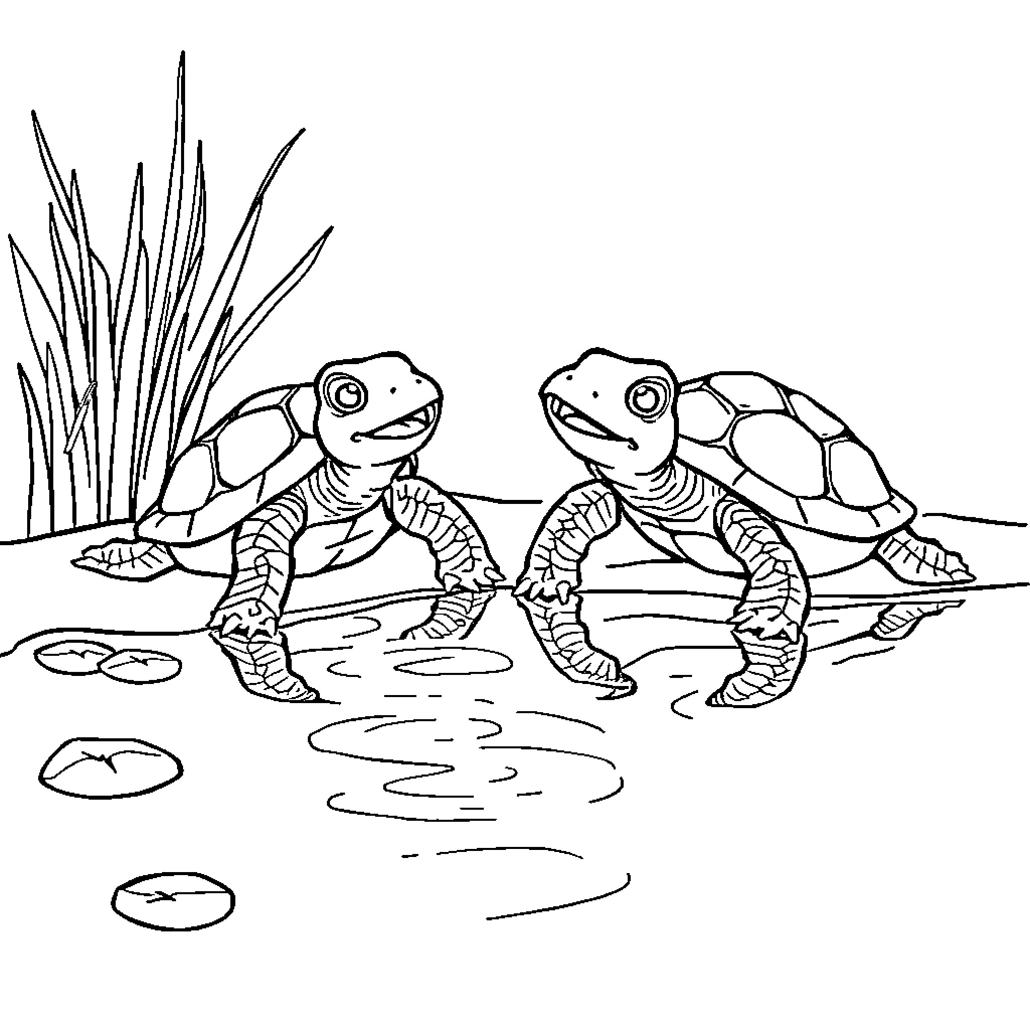 Turtle friends wading in the pond Coloring Page (free black-and-white line drawing printable PDF for all, from beginners to advanced learners, including children, teens, adults, and seniors)