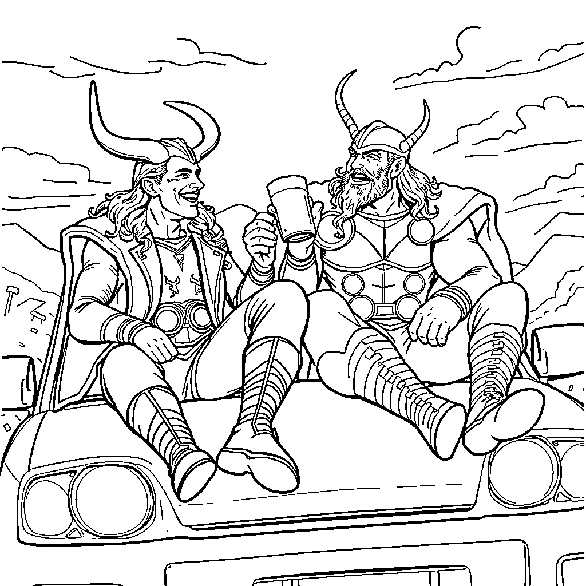 Loki Mischievously Interacting with Thor in a Fantastical Setting Coloring Page (free black-and-white line drawing printable PDF for all, from beginners to advanced learners, including children, teens, adults, and seniors)