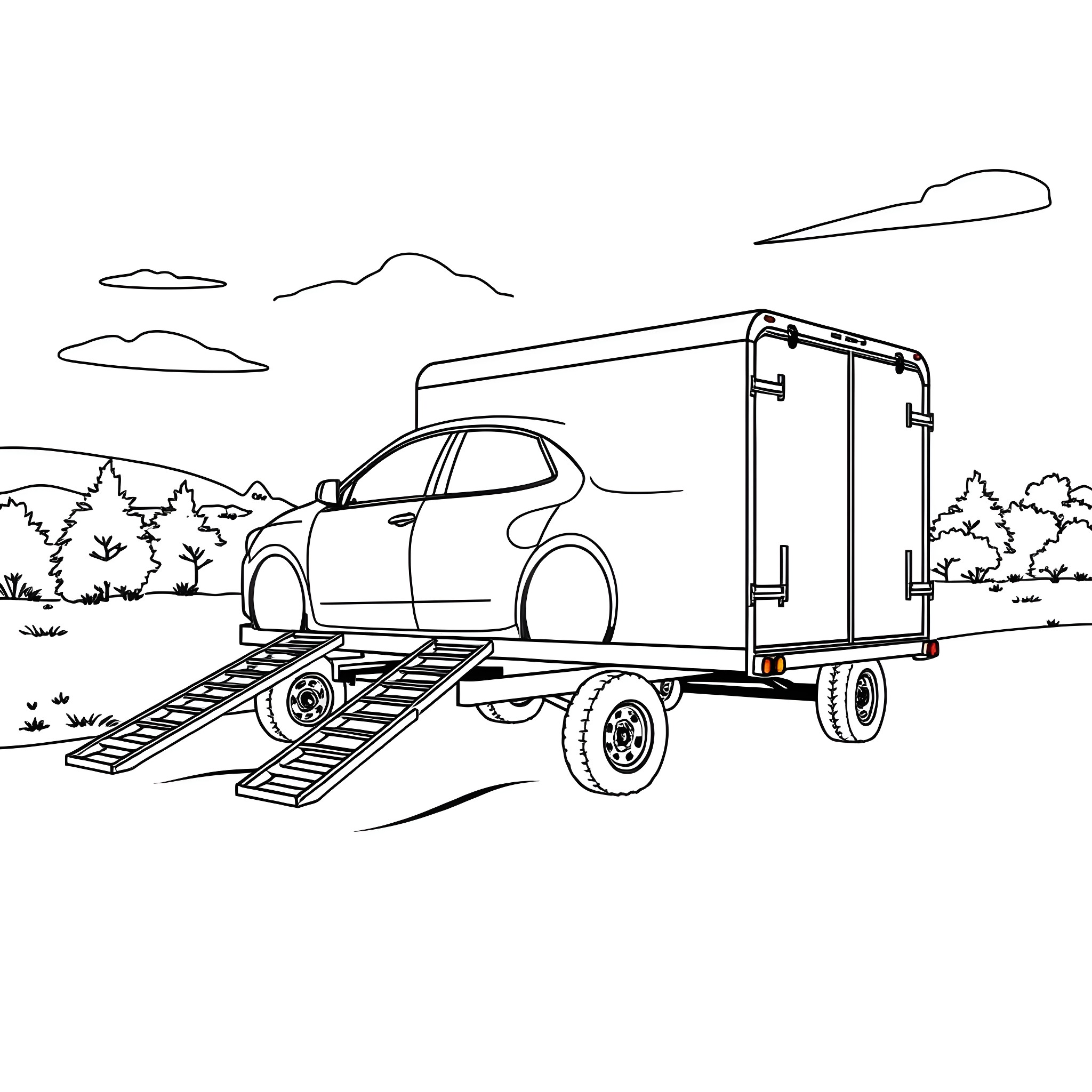 Car Trailer Transporting Vehicle on the Road Coloring Page (free black-and-white line drawing printable PDF for all, from beginners to advanced learners, including children, teens, adults, and seniors)