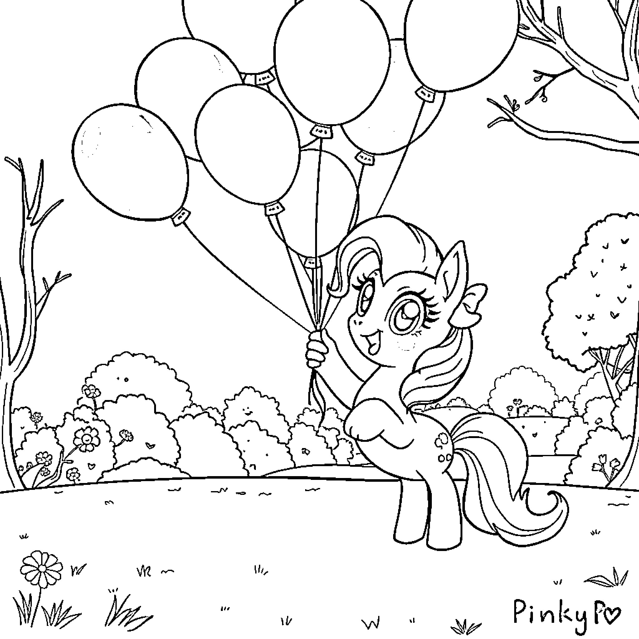 Pinky Pie enjoying the outdoors with colorful balloons Coloring Page (free black-and-white line drawing printable PDF for all, from beginners to advanced learners, including children, teens, adults, and seniors)