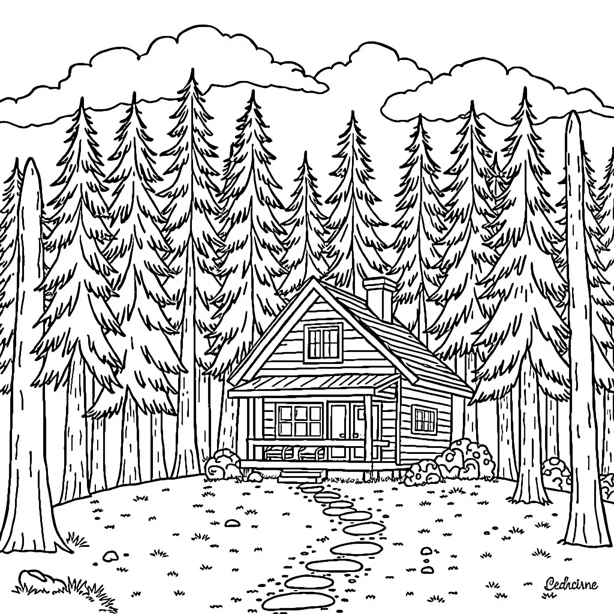 Cabin in the Forested Wilderness Coloring Page (free black-and-white line drawing printable PDF for all, from beginners to advanced learners, including children, teens, adults, and seniors)