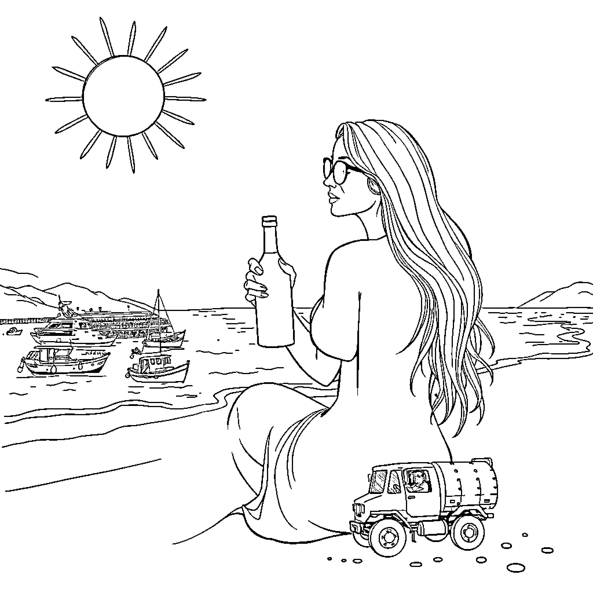 Woman enjoys scenic coastal view with beverage Coloring Page (free black-and-white line drawing printable PDF for all, from beginners to advanced learners, including children, teens, adults, and seniors)
