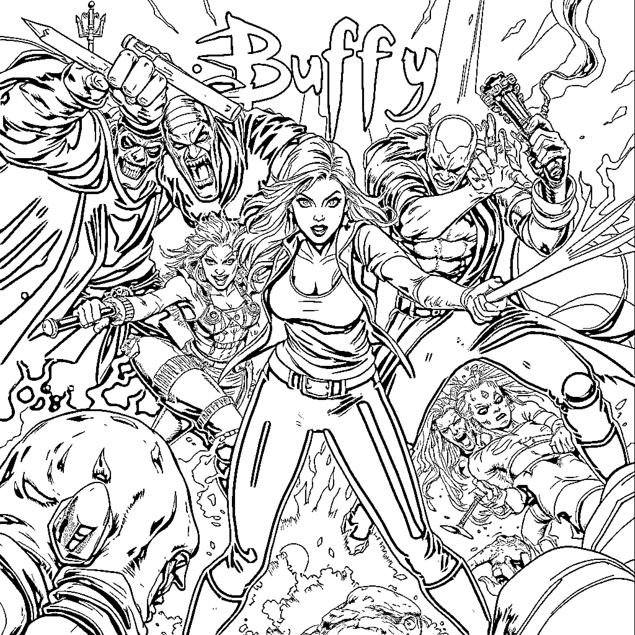 Buffy battling fierce supernatural forces in epic clash Coloring Page (free black-and-white line drawing printable PDF for all, from beginners to advanced learners, including children, teens, adults, and seniors)