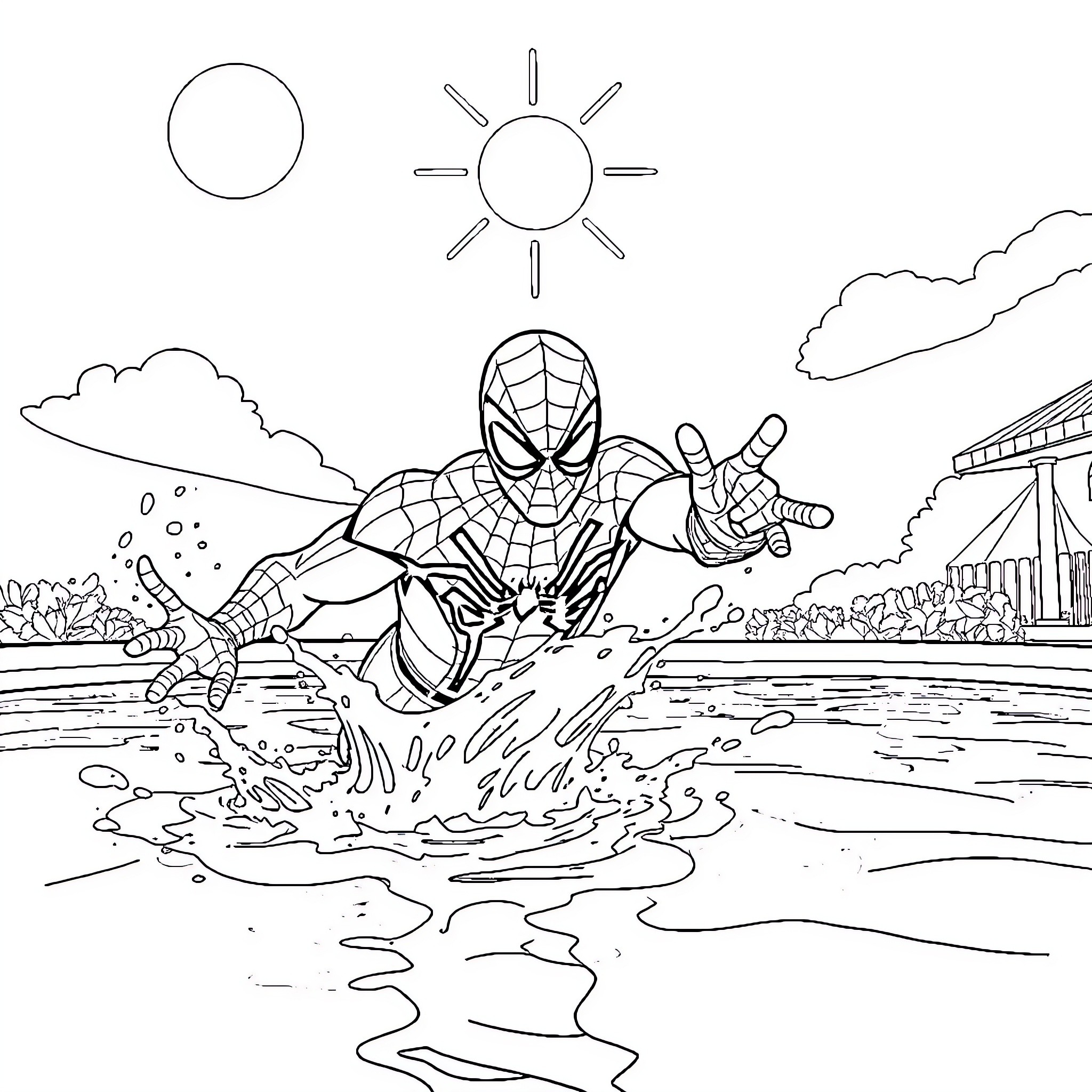Spiderman swinging through the city during the day Coloring Page (free black-and-white line drawing printable PDF for all, from beginners to advanced learners, including children, teens, adults, and seniors)