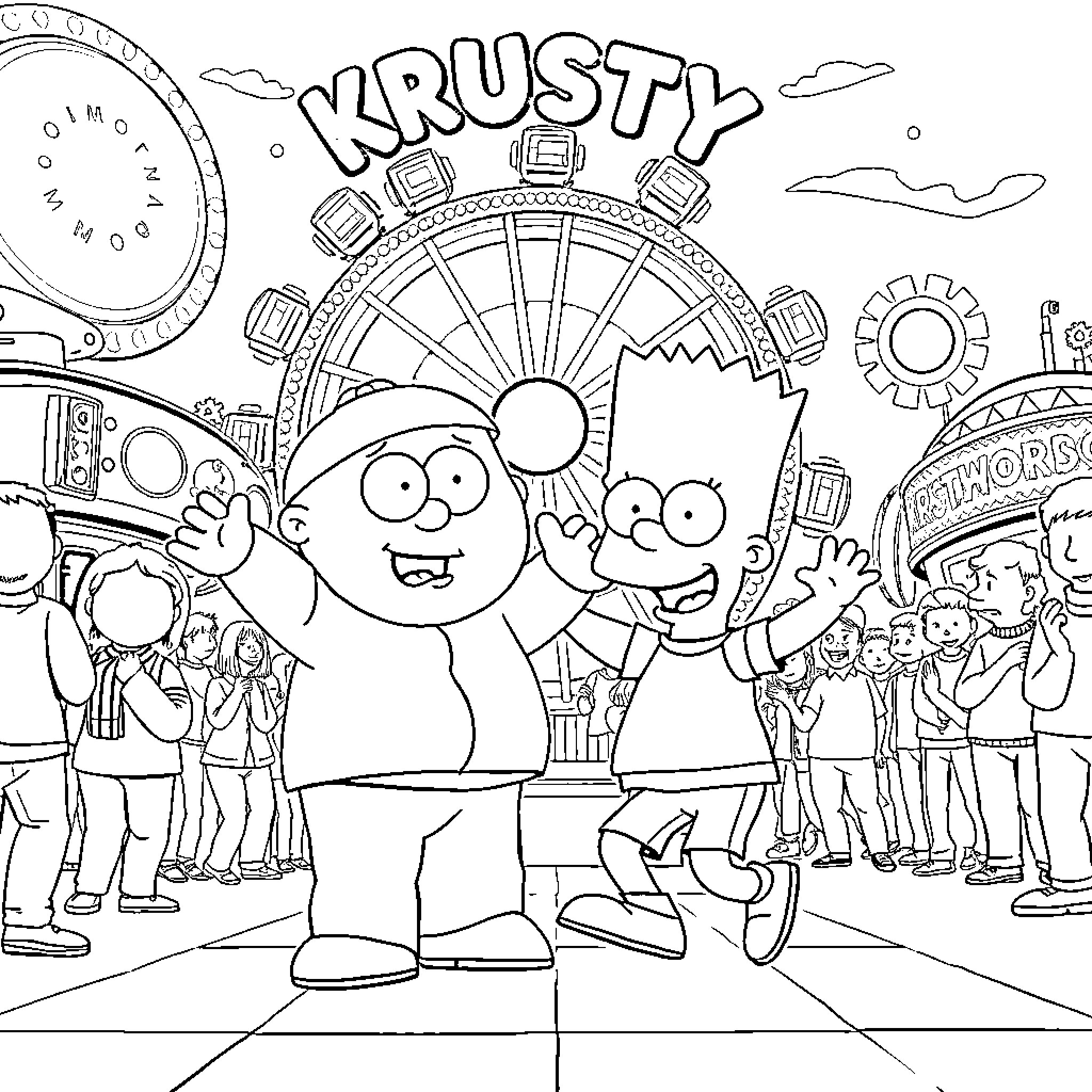 Cartman having fun at an amusement park Coloring Page (free black-and-white line drawing printable PDF for all, from beginners to advanced learners, including children, teens, adults, and seniors)