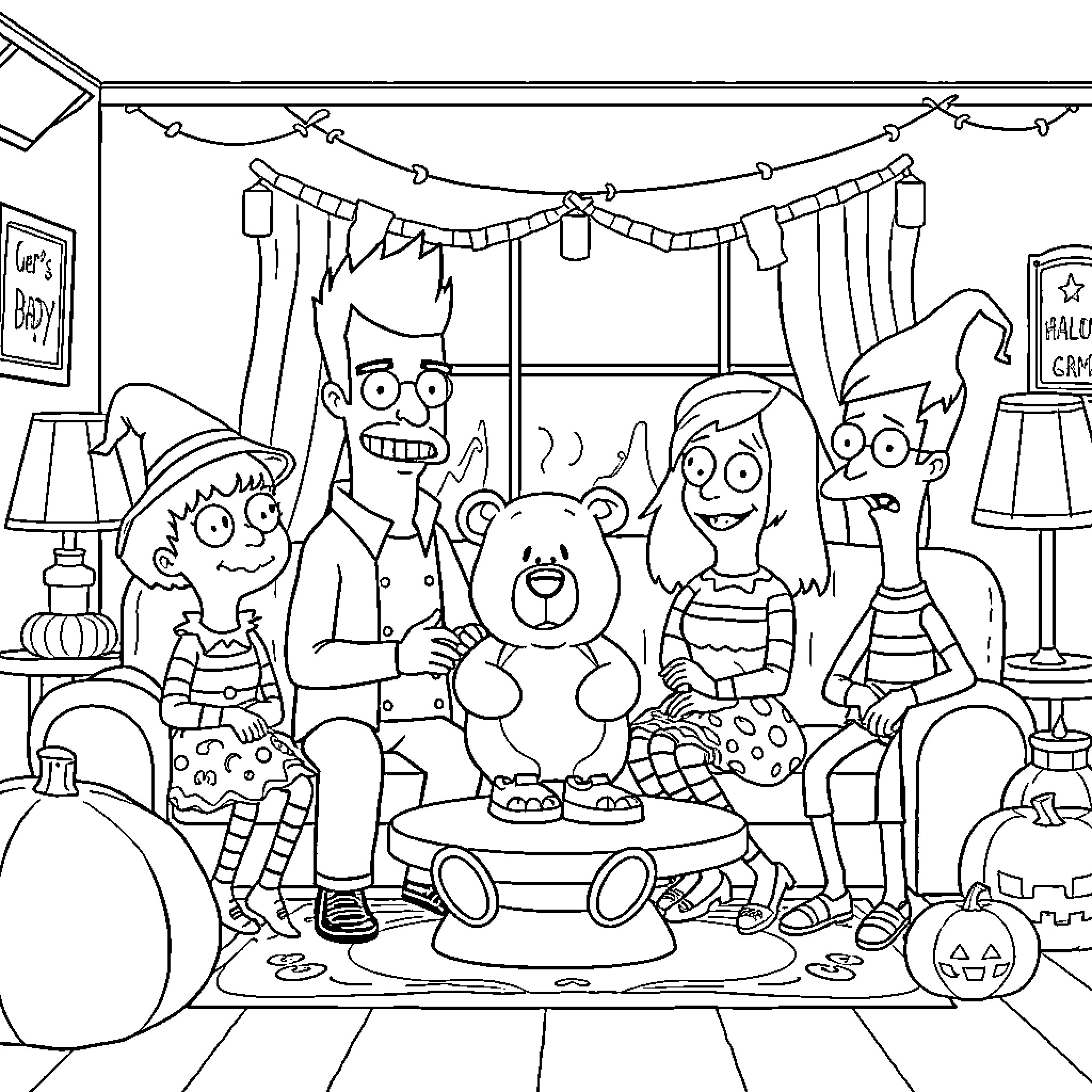 Bob's Burgers Family Halloween Party Coloring Page (free black-and-white line drawing printable PDF for all, from beginners to advanced learners, including children, teens, adults, and seniors)
