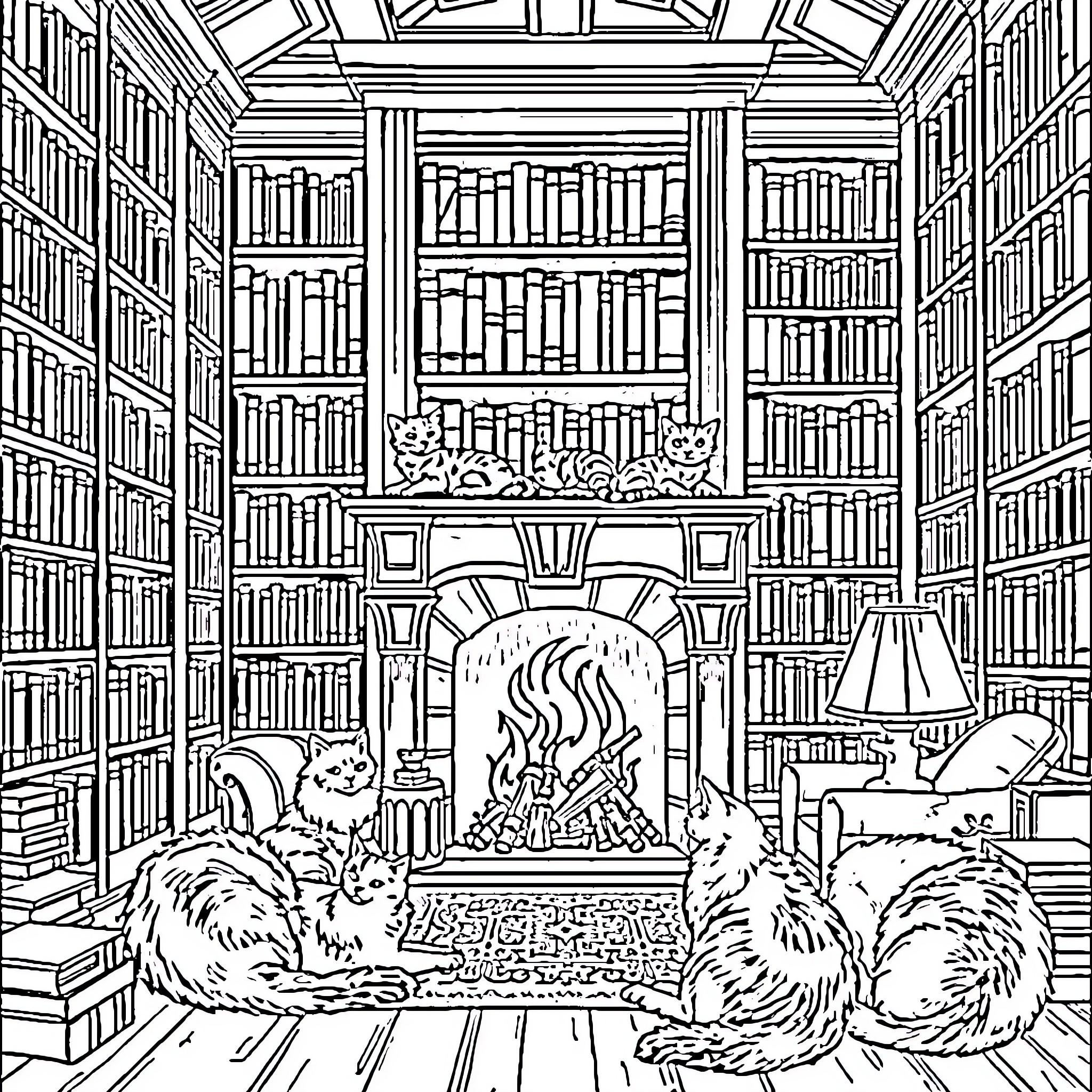 Library with Cozy Fireplace and Furry Companions Coloring Page (free black-and-white line drawing printable PDF for all, from beginners to advanced learners, including children, teens, adults, and seniors)