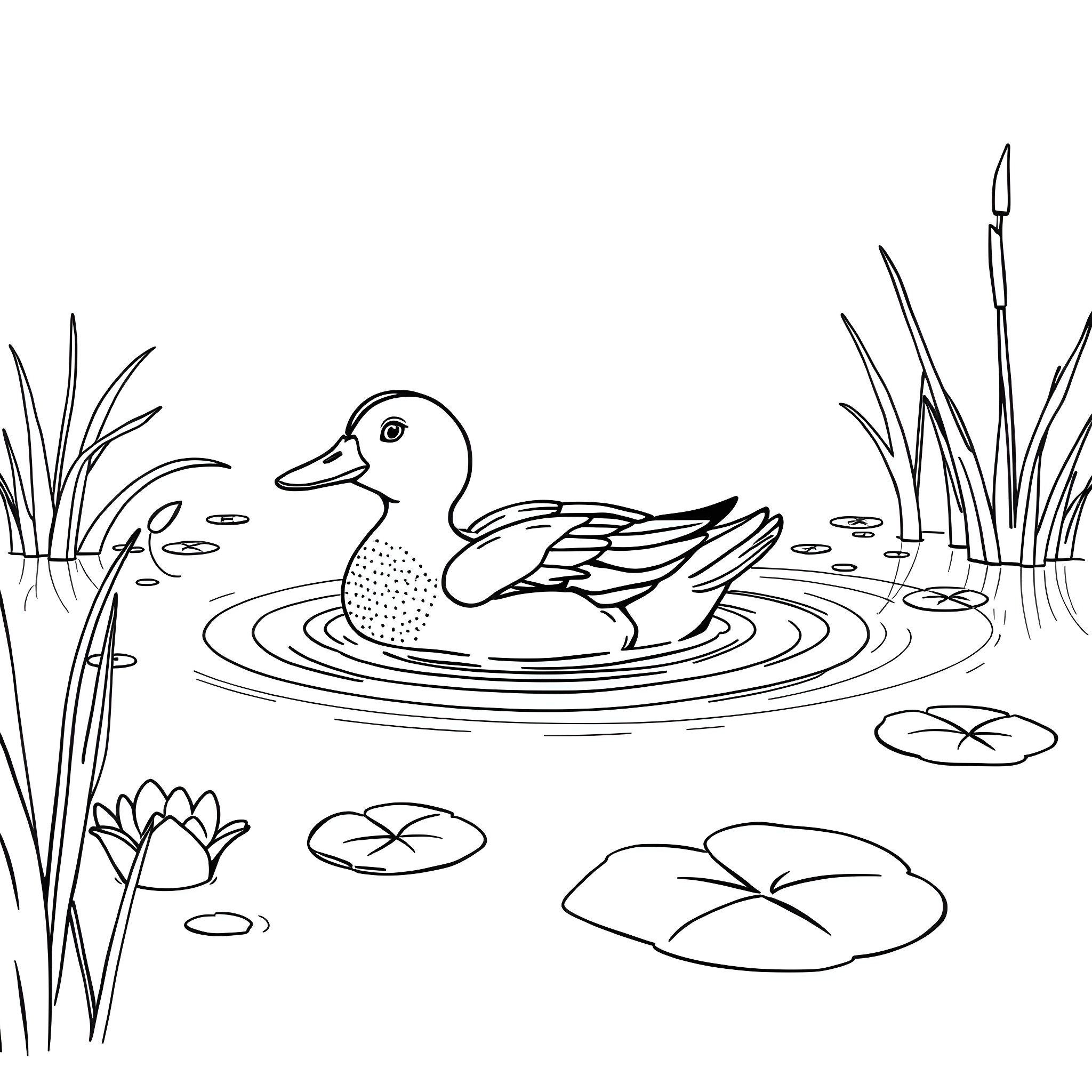 Duck swimming gracefully in the pond Coloring Page (free black-and-white line drawing printable PDF for all, from beginners to advanced learners, including children, teens, adults, and seniors)