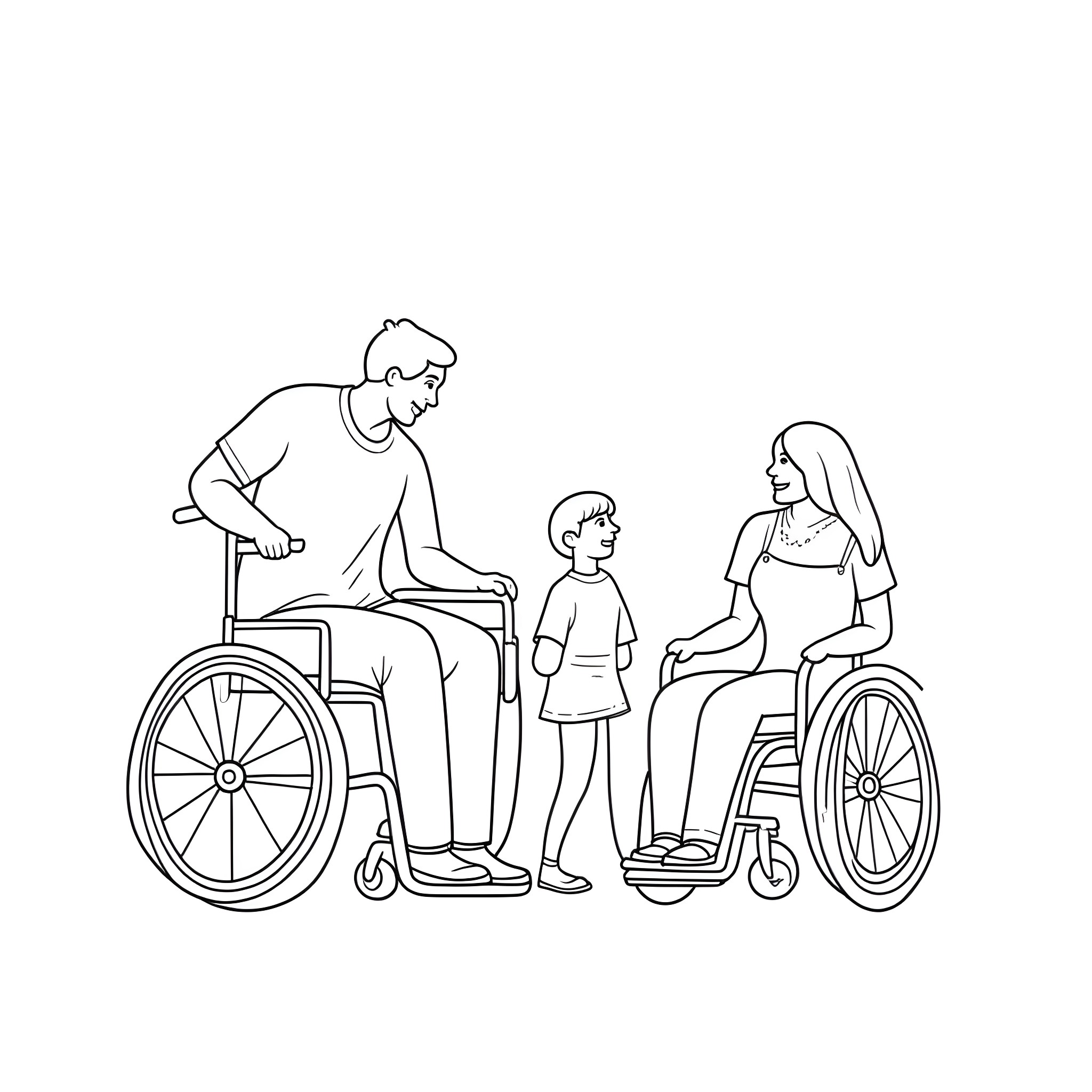 Family Enjoying Time Together in Wheelchairs Coloring Page (free black-and-white line drawing printable PDF for all, from beginners to advanced learners, including children, teens, adults, and seniors)