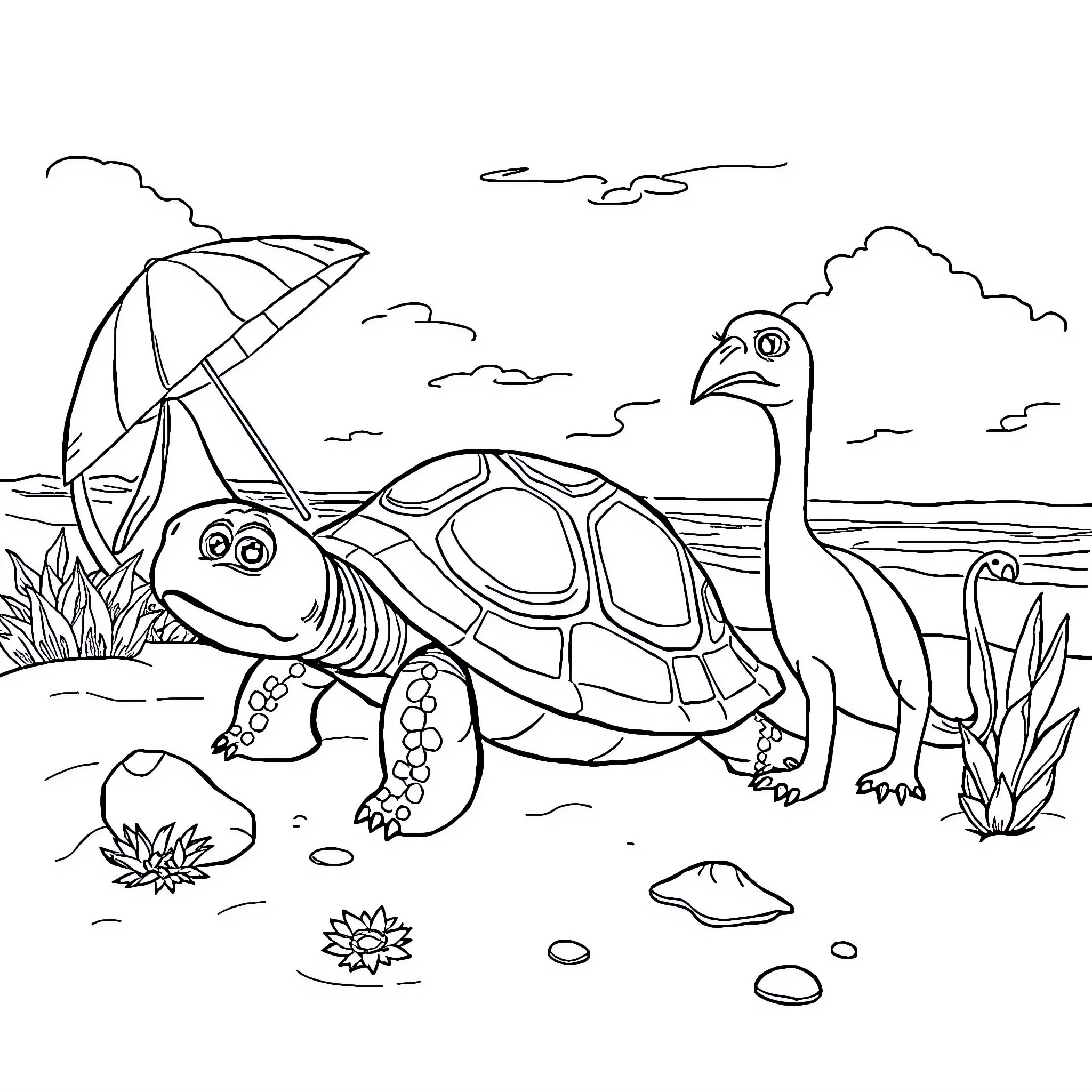 Turtle Relaxing on the Beach with Parasol Coloring Page (free black-and-white line drawing printable PDF for all, from beginners to advanced learners, including children, teens, adults, and seniors)