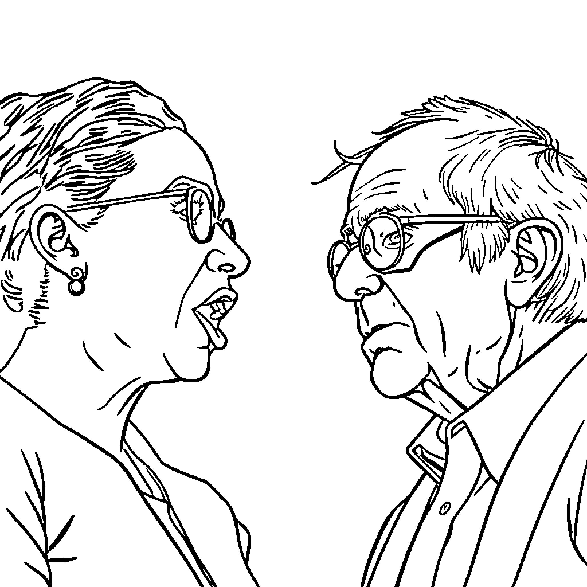 AOC Debate Between Two Passionate Individuals Coloring Page (free black-and-white line drawing printable PDF for all, from beginners to advanced learners, including children, teens, adults, and seniors)