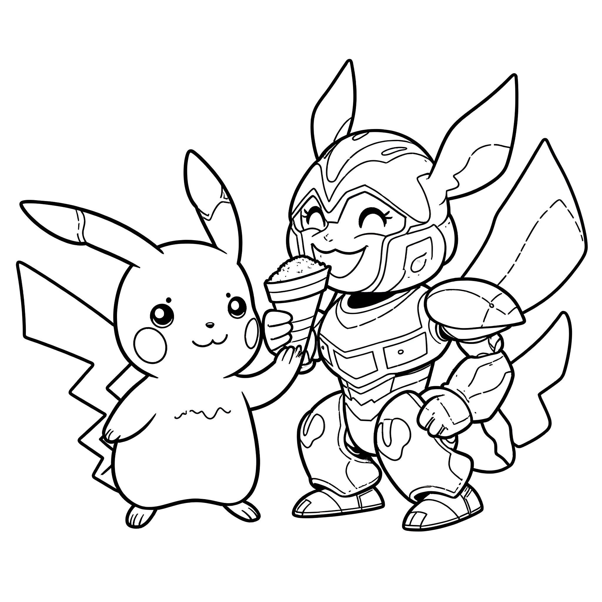 Pikachu and Armored Pikachu Enjoying Ice Cream Coloring Page (free black-and-white line drawing printable PDF for all, from beginners to advanced learners, including children, teens, adults, and seniors)