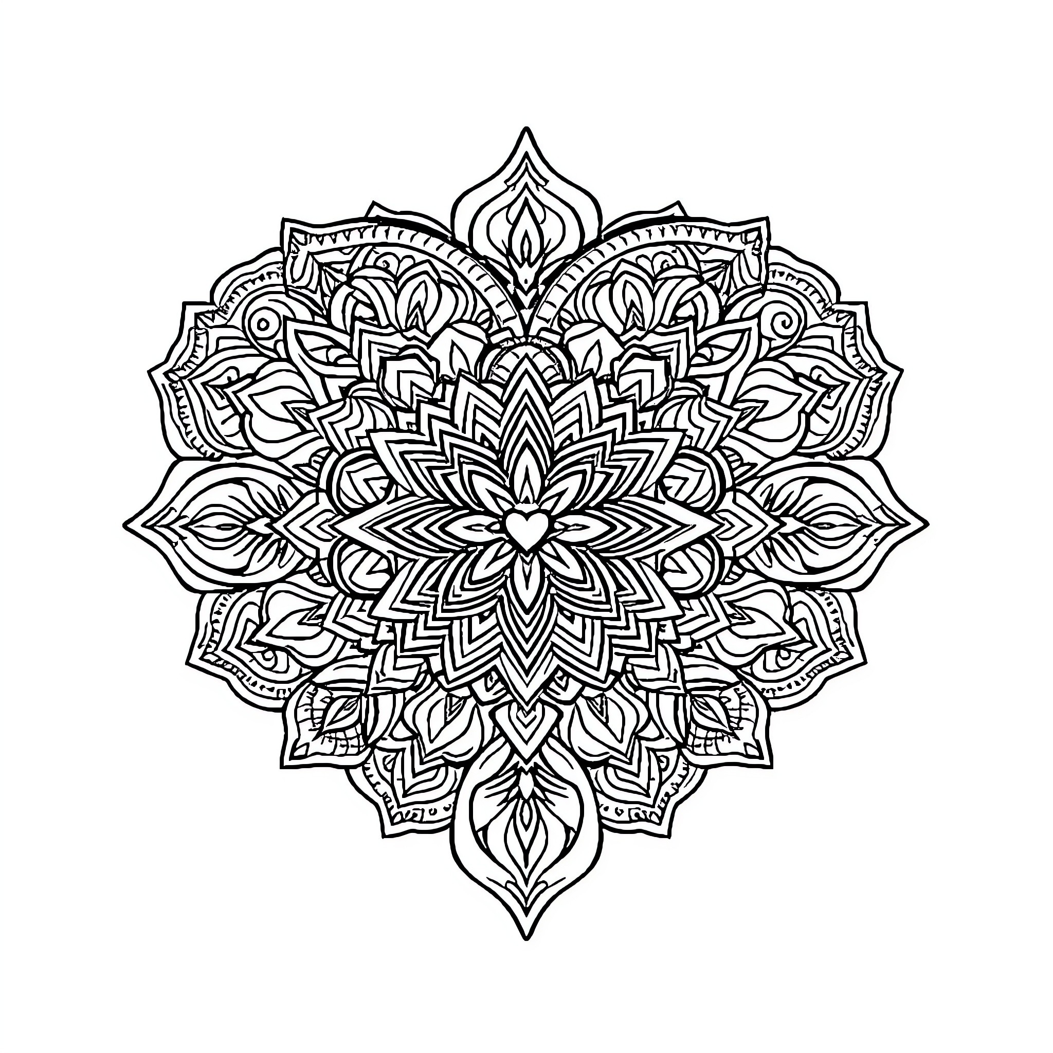 Heart Mandala Design with Intricate Patterns Coloring Page (free black-and-white line drawing printable PDF for all, from beginners to advanced learners, including children, teens, adults, and seniors)