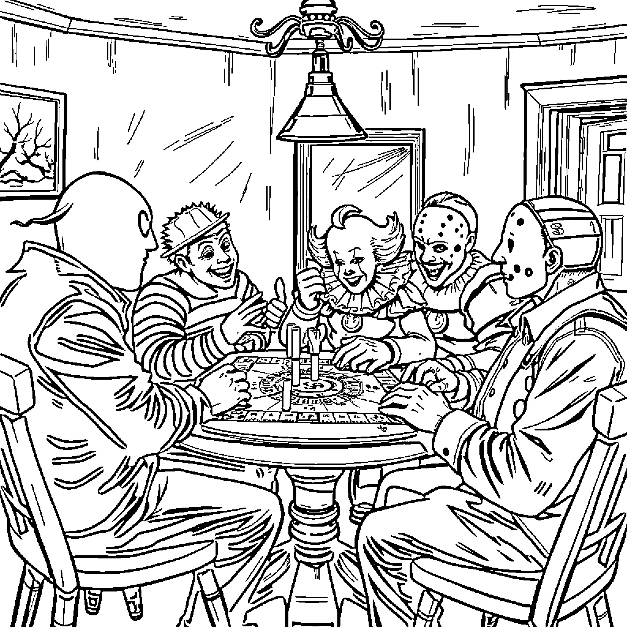 Horror Character Family Gathered for Dinner Coloring Page (free black-and-white line drawing printable PDF for all, from beginners to advanced learners, including children, teens, adults, and seniors)