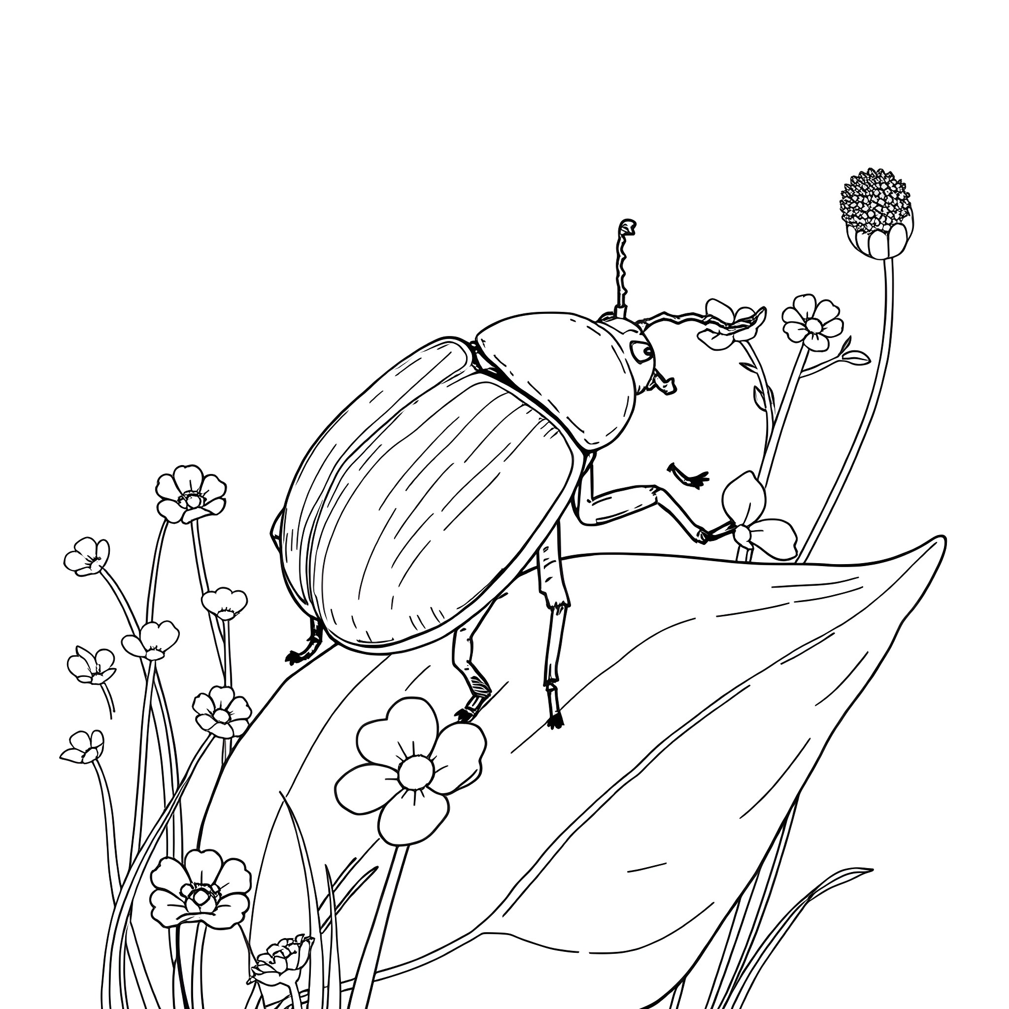 Beetle exploring a floral landscape Coloring Page (free black-and-white line drawing printable PDF for all, from beginners to advanced learners, including children, teens, adults, and seniors)