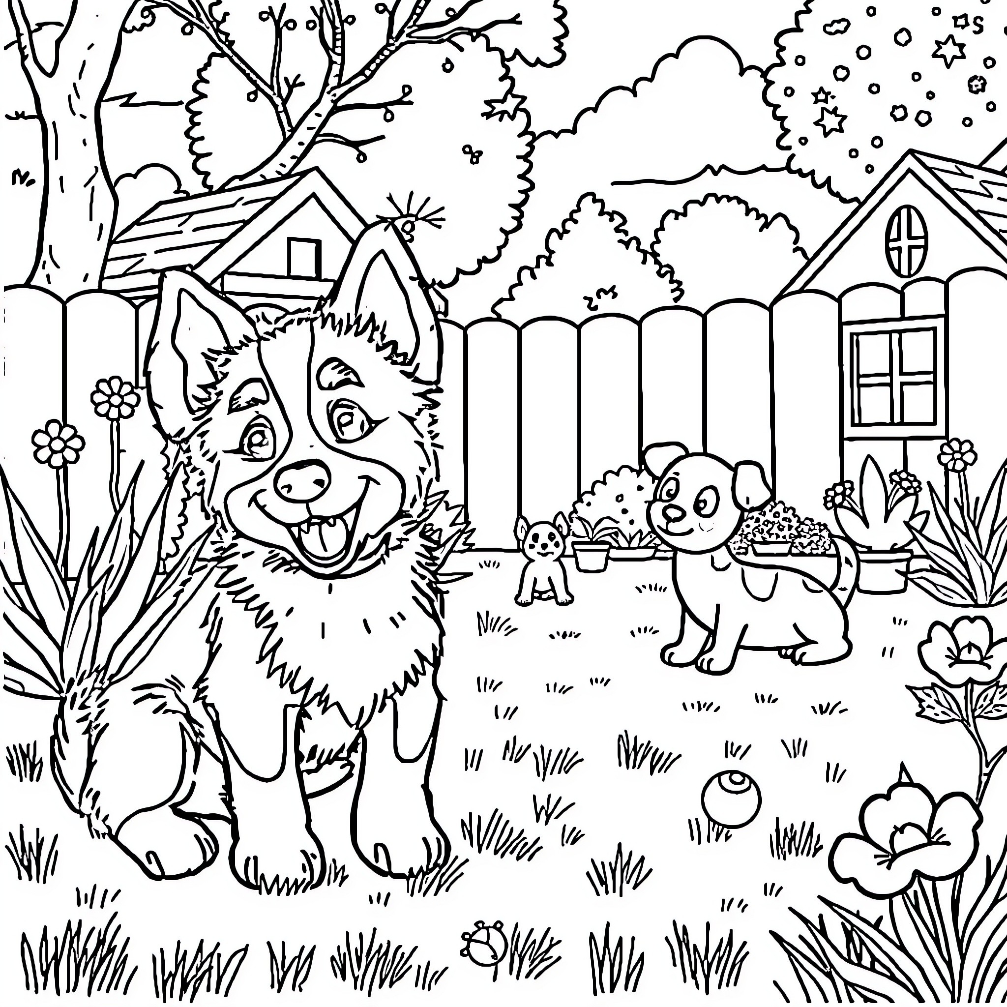 Bluey playing with friends in the neighborhood Coloring Page (free black-and-white line drawing printable PDF for all, from beginners to advanced learners, including children, teens, adults, and seniors)