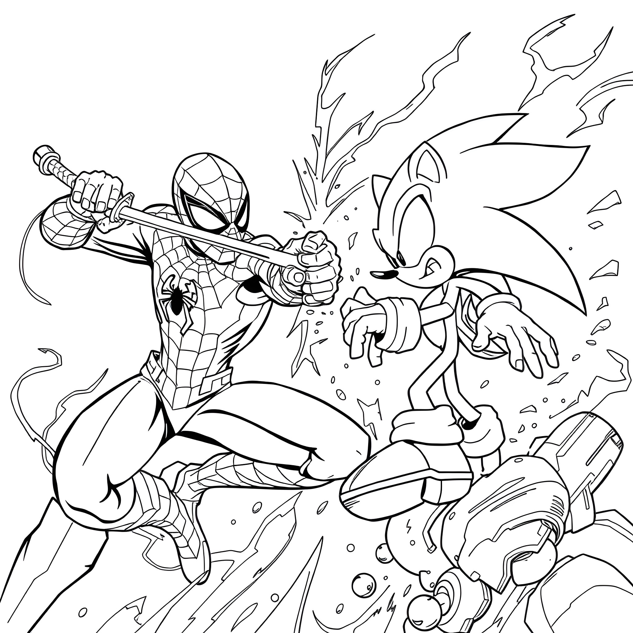 Spiderman battling with Sonic the Hedgehog in action Coloring Page (free black-and-white line drawing printable PDF for all, from beginners to advanced learners, including children, teens, adults, and seniors)