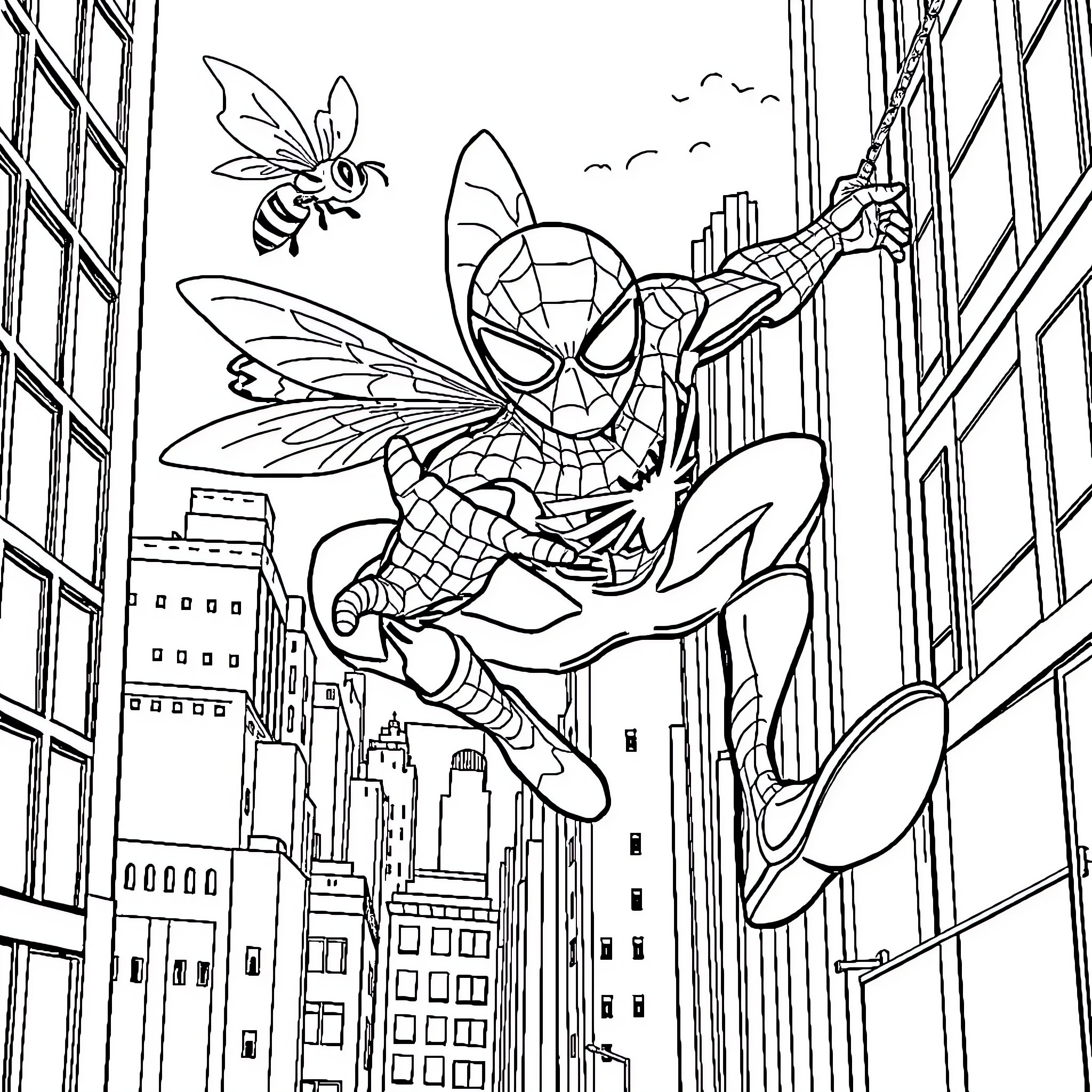 Bee-themed Superhero Swings Through City Coloring Page (free black-and-white line drawing printable PDF for all, from beginners to advanced learners, including children, teens, adults, and seniors)