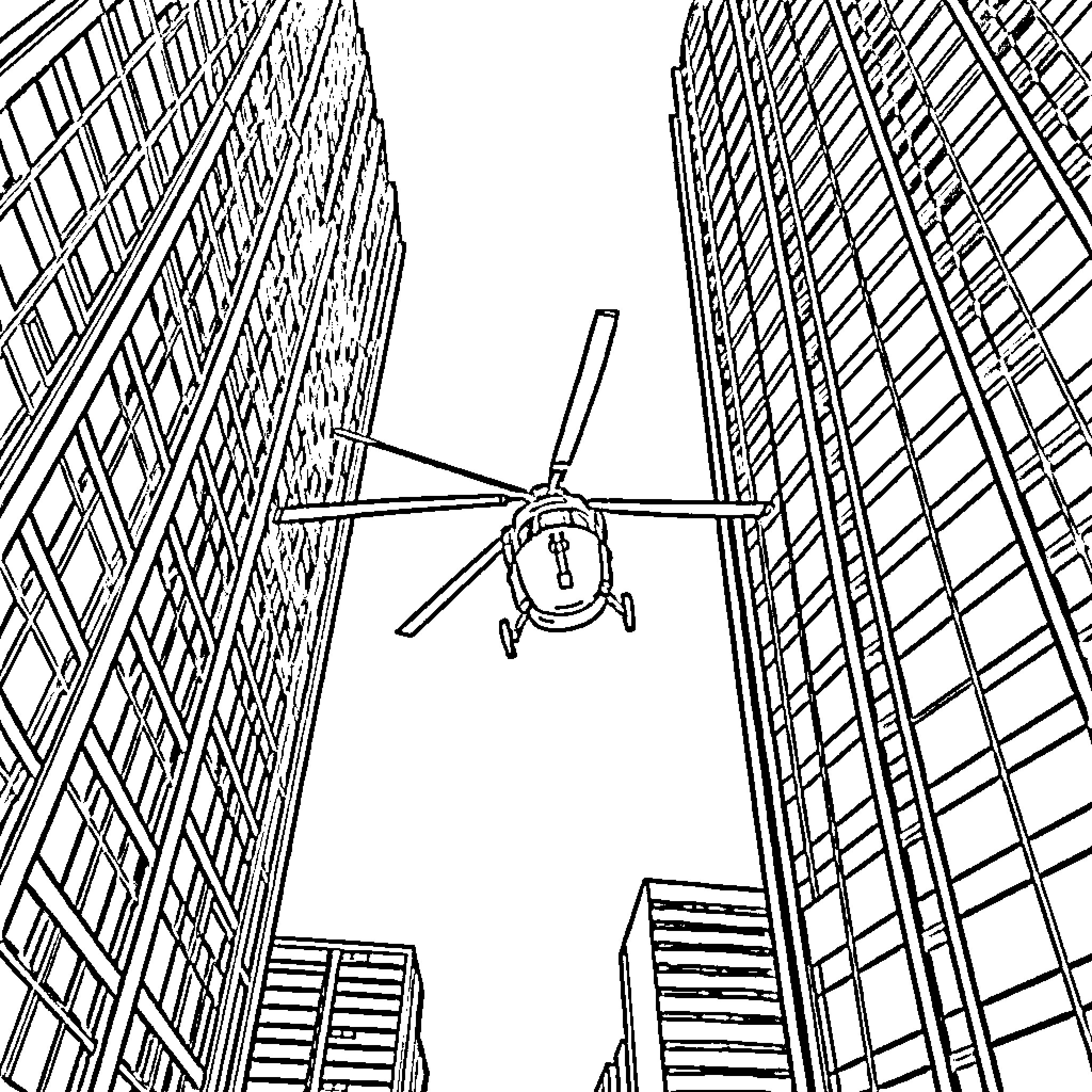 Helicopter hovering above modern skyscrapers Coloring Page (free black-and-white line drawing printable PDF for all, from beginners to advanced learners, including children, teens, adults, and seniors)