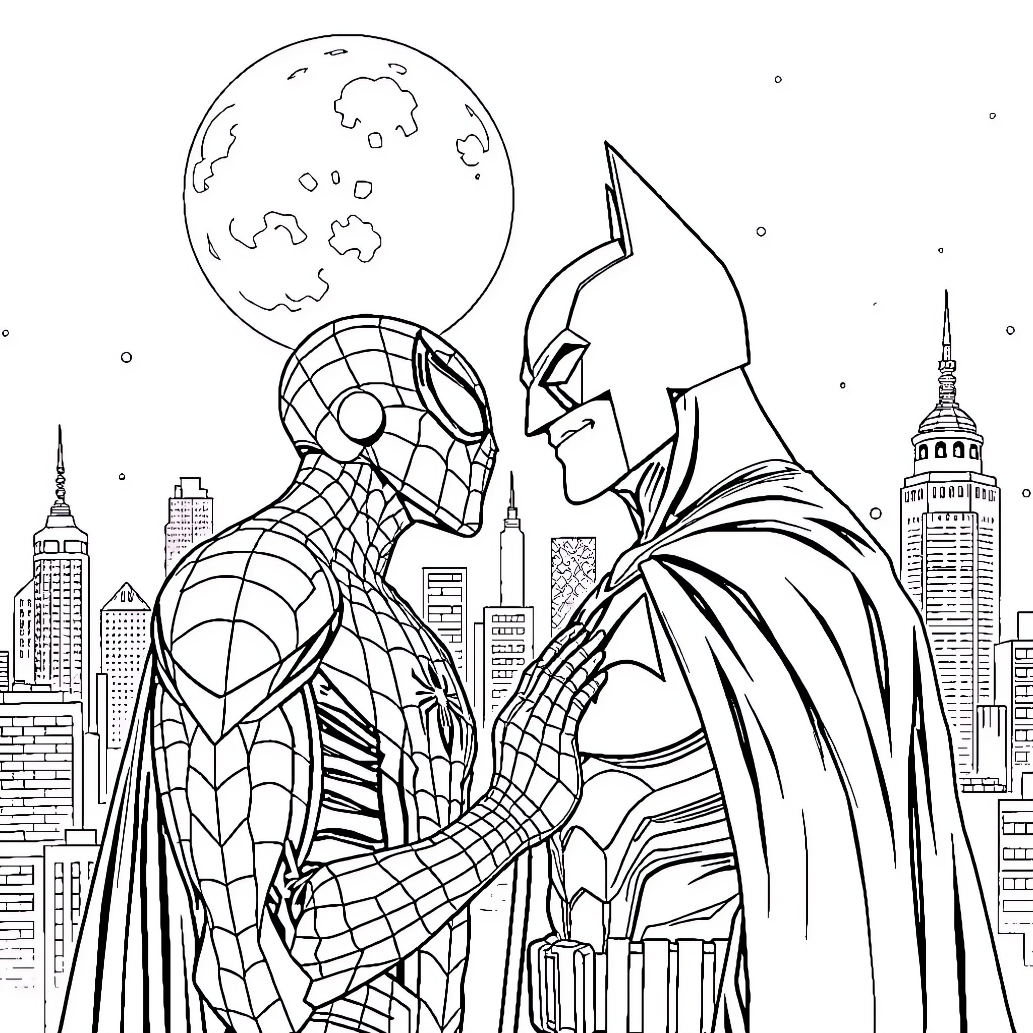 Spiderman and Batman team up in the city Coloring Page (free black-and-white line drawing printable PDF for all, from beginners to advanced learners, including children, teens, adults, and seniors)