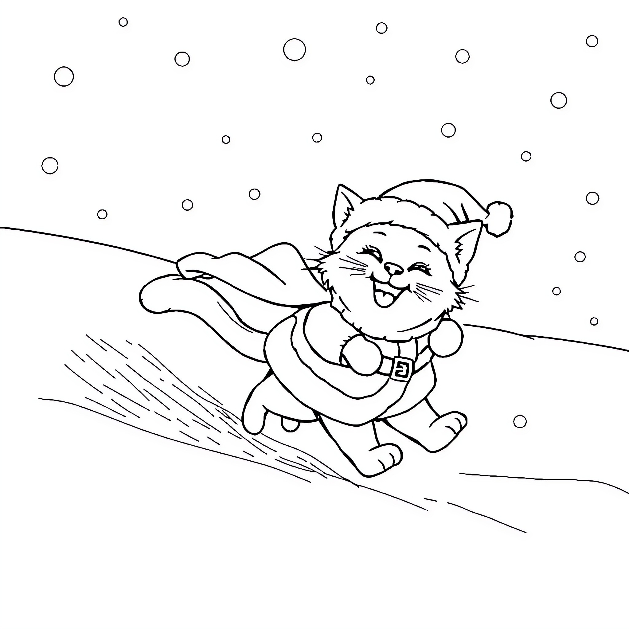 Chat with a Playful Christmas Kitten Coloring Page (free black-and-white line drawing printable PDF for all, from beginners to advanced learners, including children, teens, adults, and seniors)