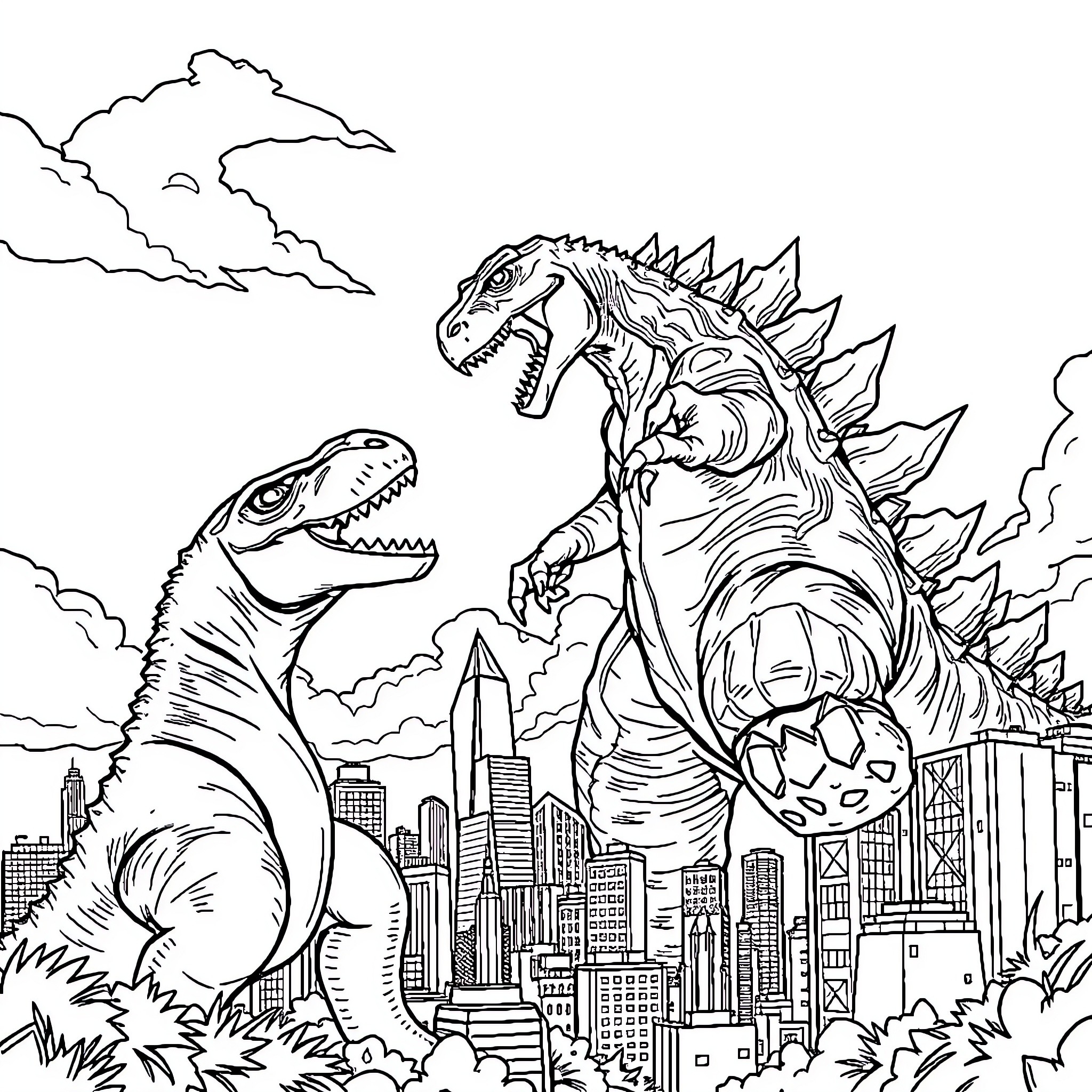 Dinosaurs battling in a city Coloring Page (free black-and-white line drawing printable PDF for all, from beginners to advanced learners, including children, teens, adults, and seniors)