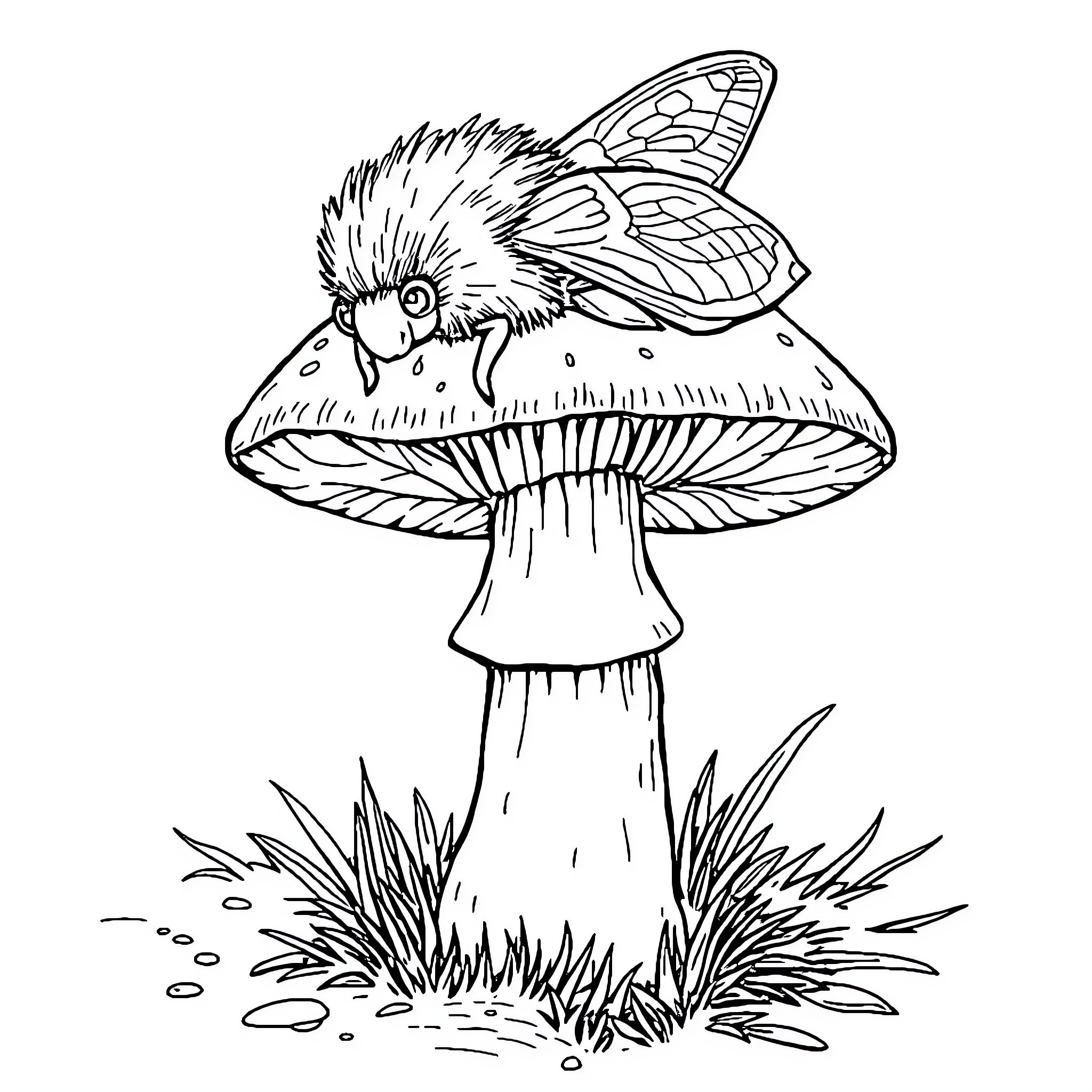 Mushroom with Curious Insect Companion Coloring Page (free black-and-white line drawing printable PDF for all, from beginners to advanced learners, including children, teens, adults, and seniors)