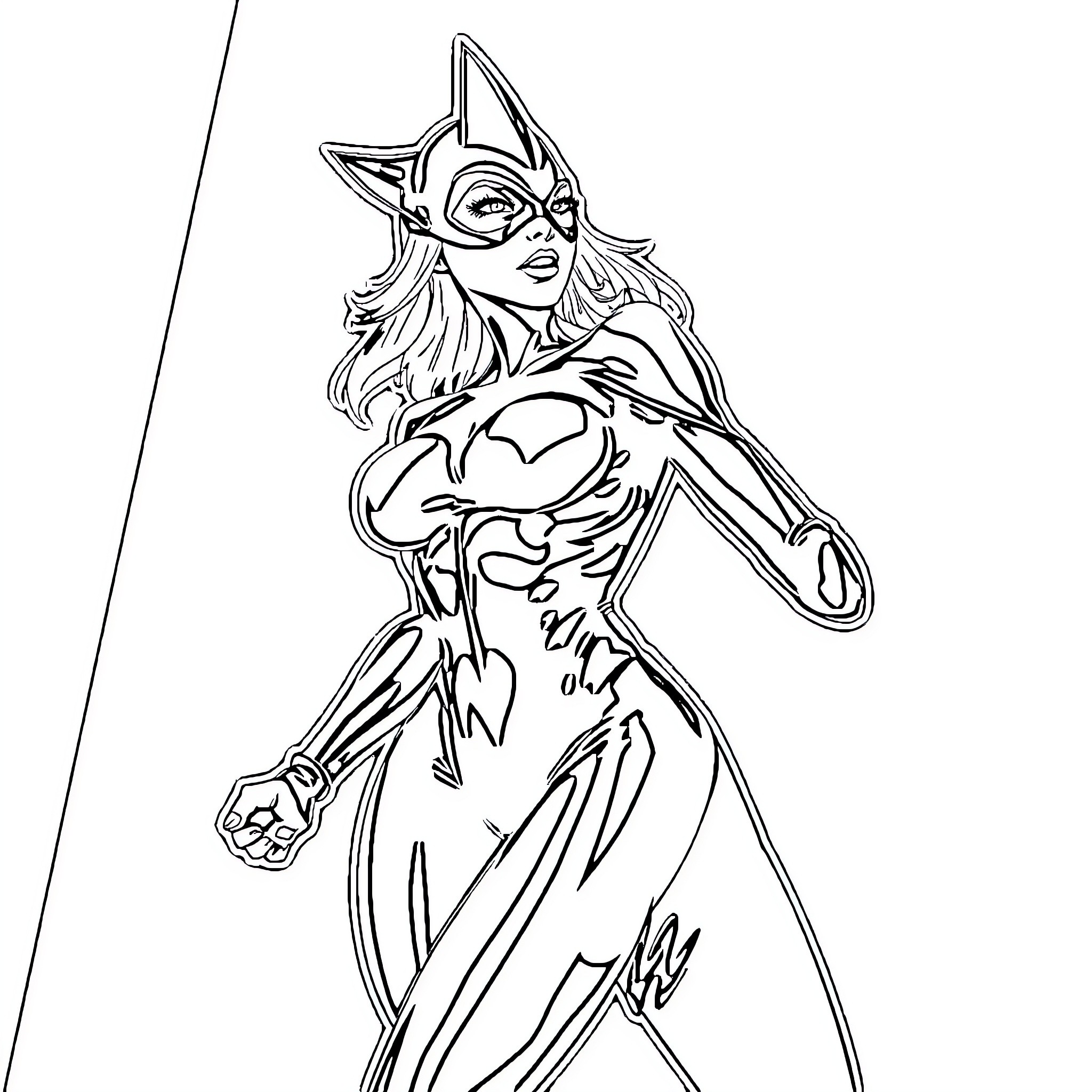 Cat Woman ready for action in superhero outfit Coloring Page (free black-and-white line drawing printable PDF for all, from beginners to advanced learners, including children, teens, adults, and seniors)