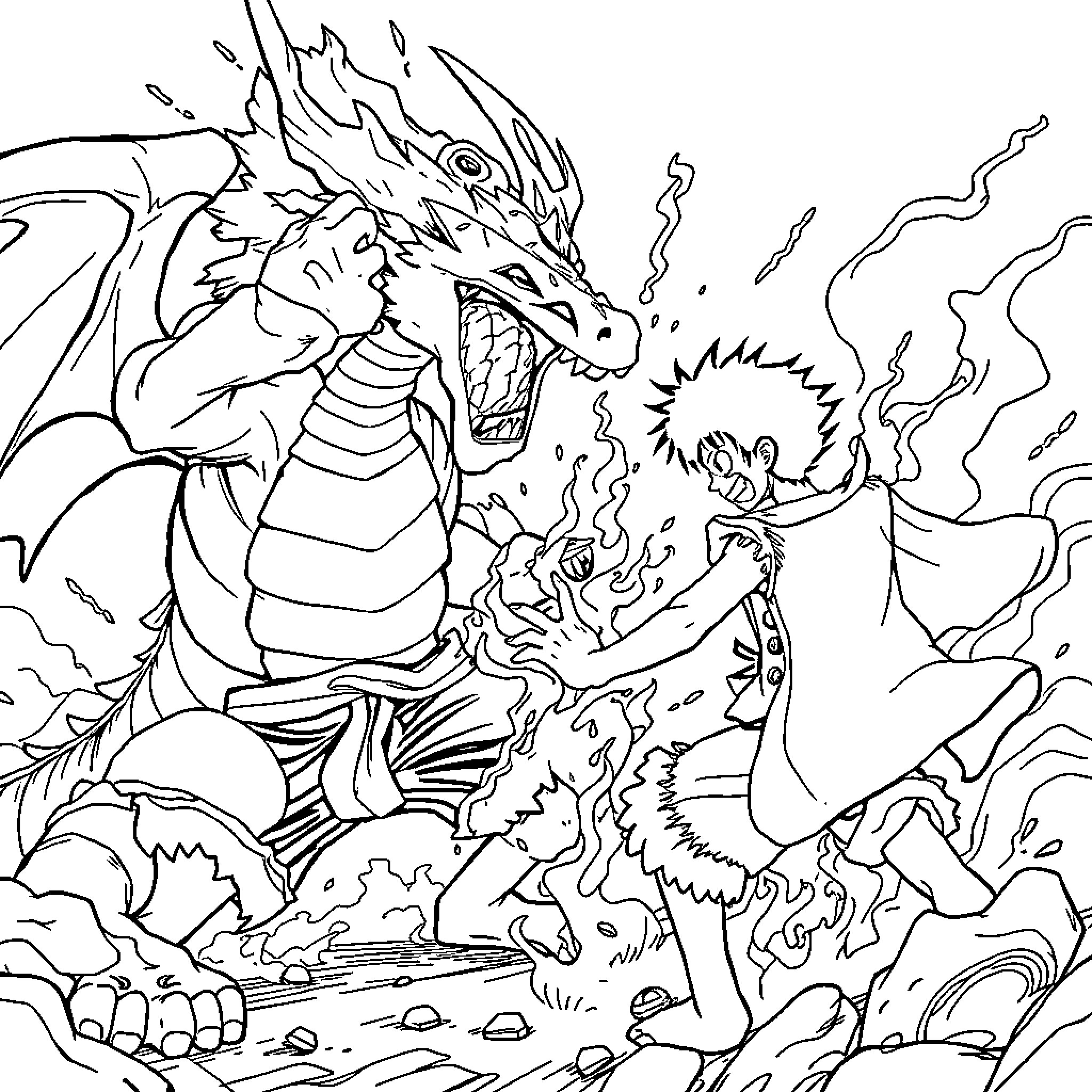 Dragofeu's Fiery Encounter Coloring Page (free black-and-white line drawing printable PDF for all, from beginners to advanced learners, including children, teens, adults, and seniors)