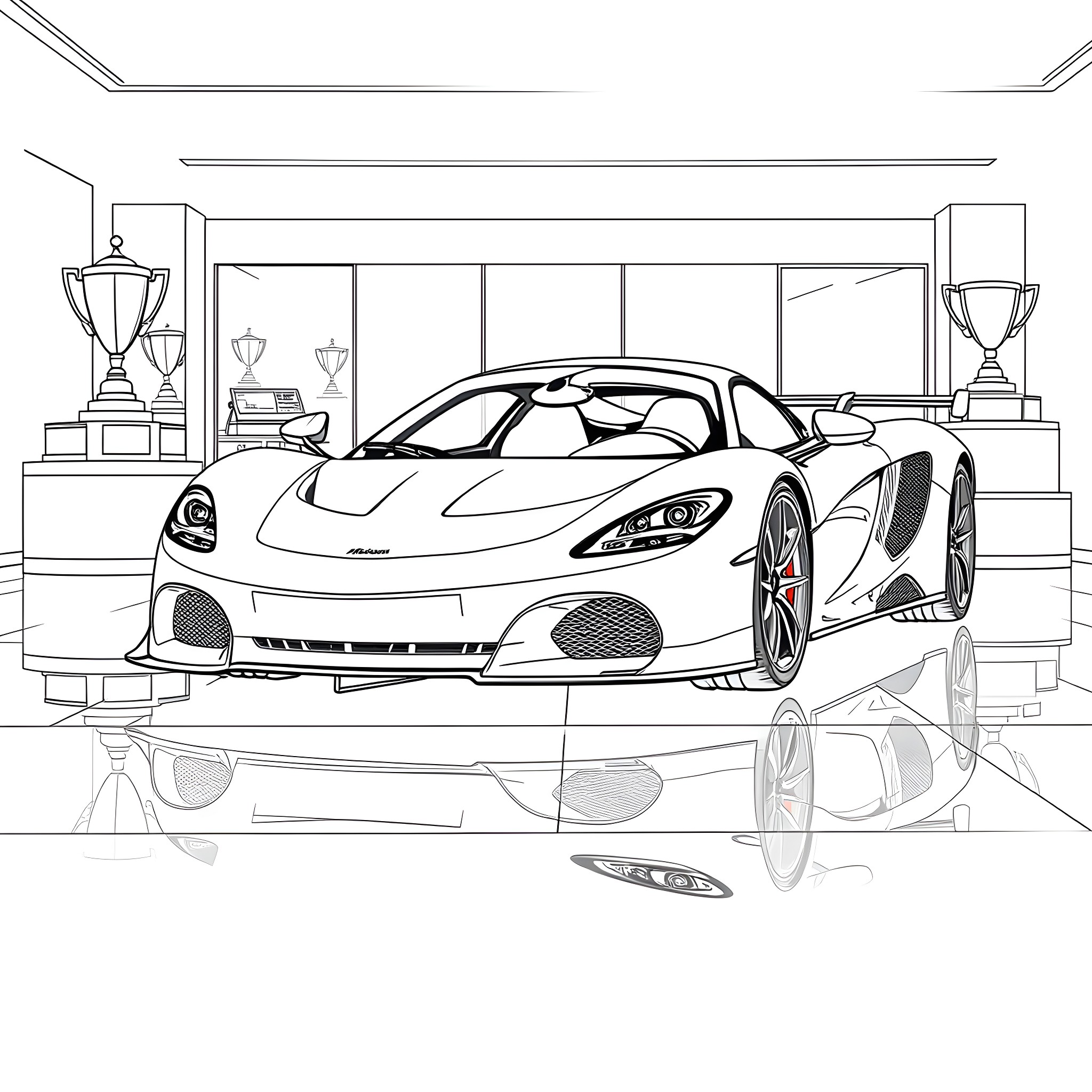 McLaren supercar in luxurious showroom setting Coloring Page (free black-and-white line drawing printable PDF for all, from beginners to advanced learners, including children, teens, adults, and seniors)