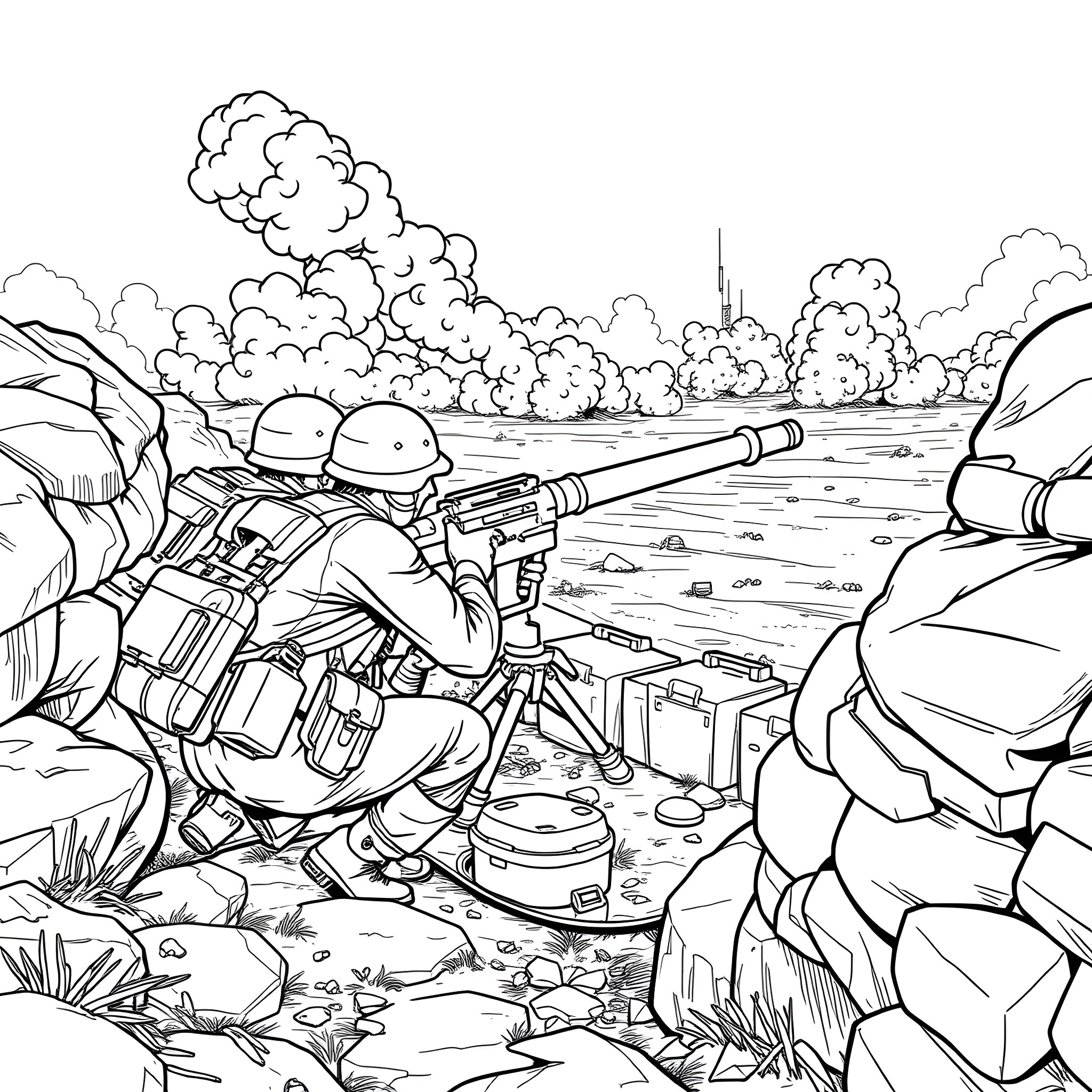 Mortar troops engaging in intense battlefield action Coloring Page (free black-and-white line drawing printable PDF for all, from beginners to advanced learners, including children, teens, adults, and seniors)