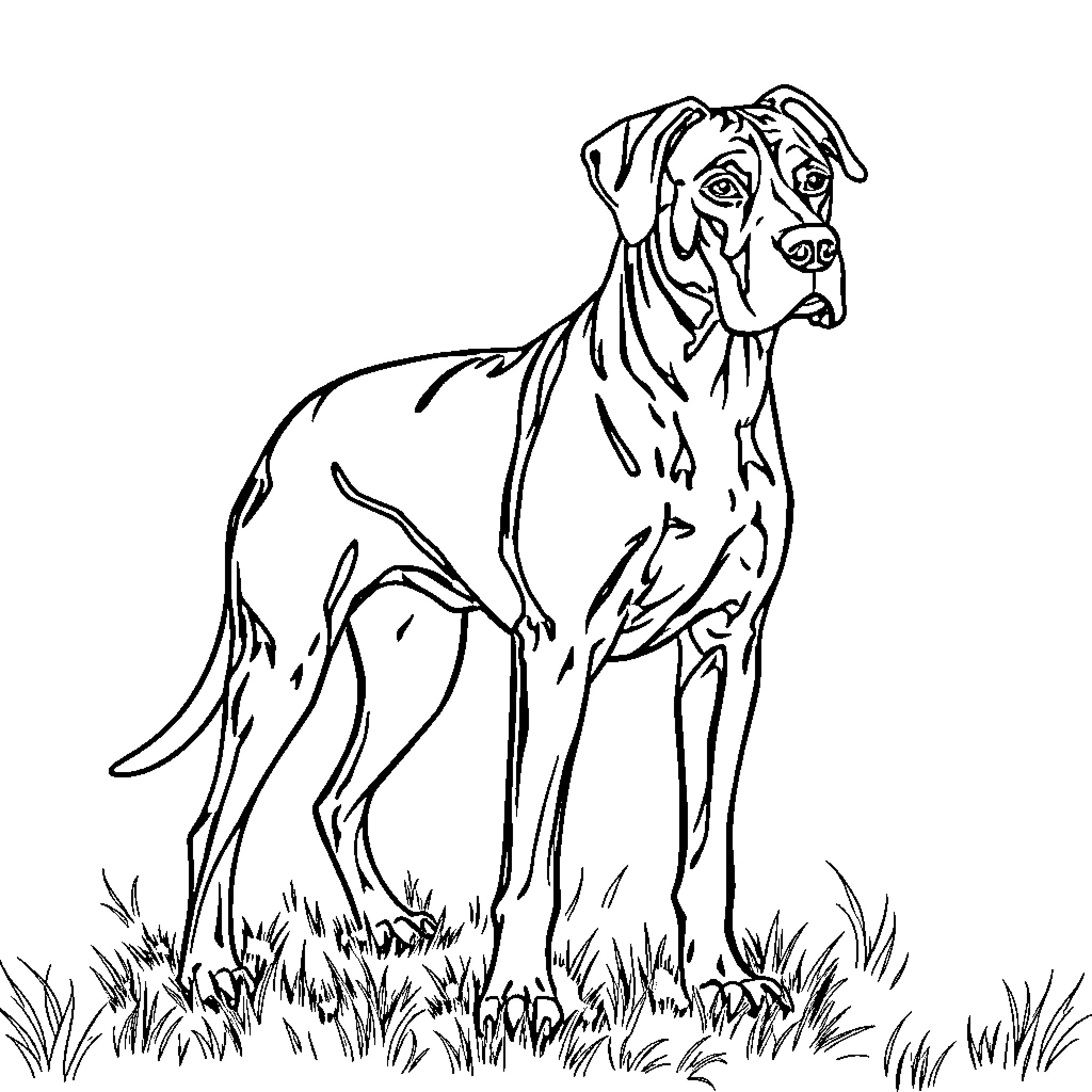Ridgeback standing alert in the grass Coloring Page (free black-and-white line drawing printable PDF for all, from beginners to advanced learners, including children, teens, adults, and seniors)