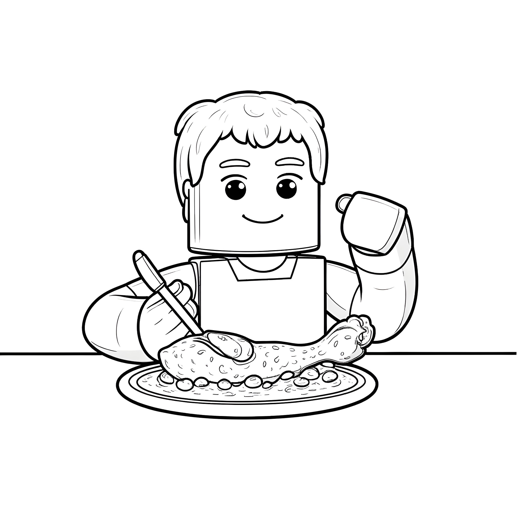 Steve enjoying a hearty meal at the table Coloring Page (free black-and-white line drawing printable PDF for all, from beginners to advanced learners, including children, teens, adults, and seniors)