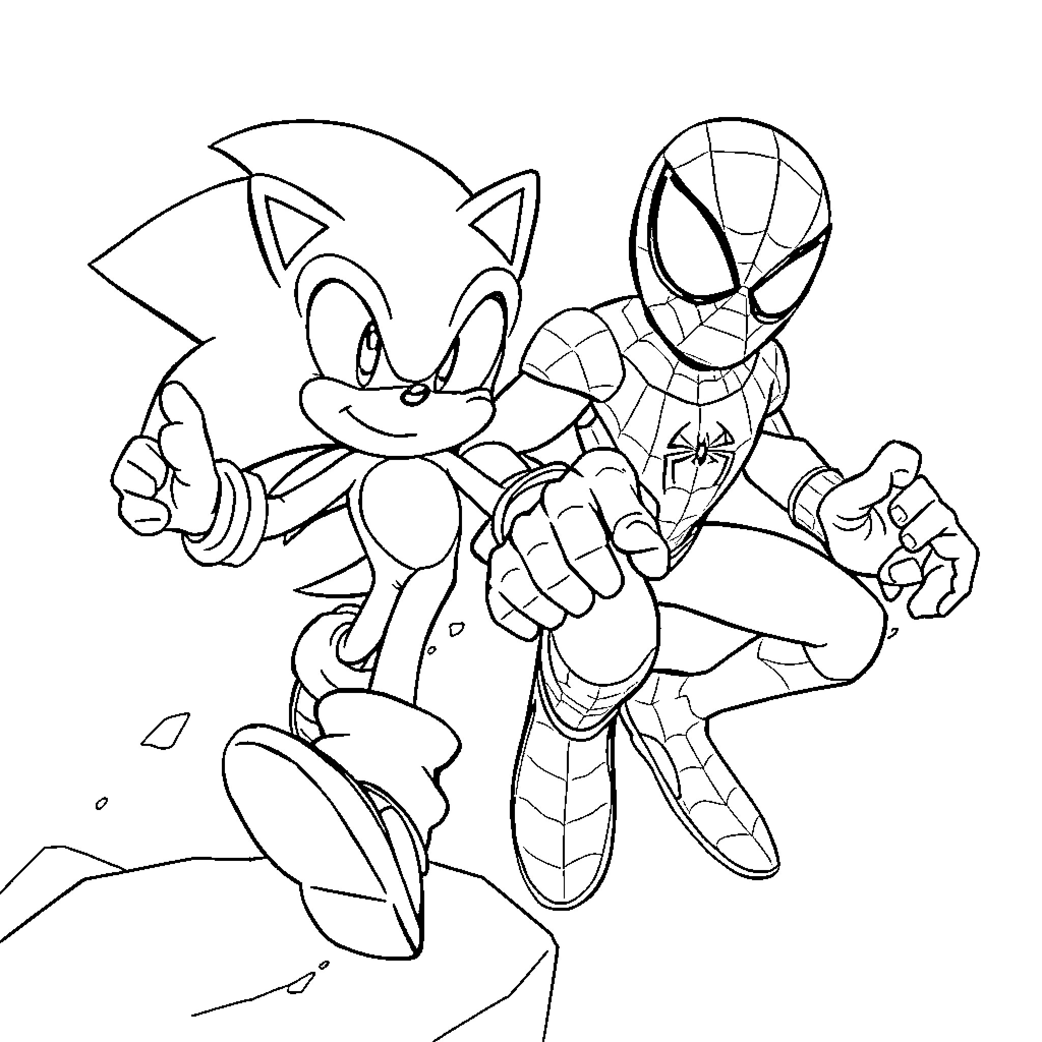 Sonic Spiderman in action-packed adventure Coloring Page (free black-and-white line drawing printable PDF for all, from beginners to advanced learners, including children, teens, adults, and seniors)
