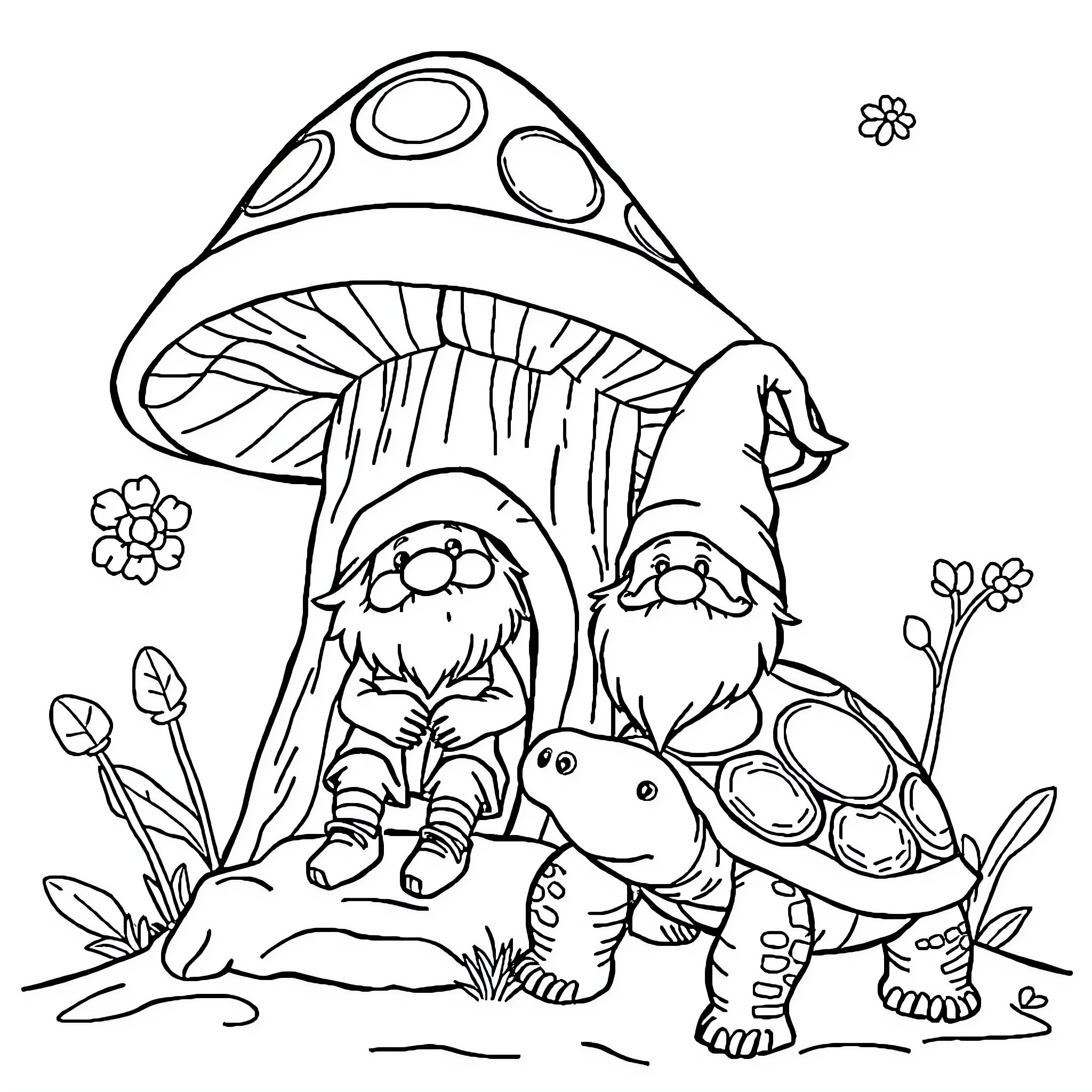 Gnomes exploring a whimsical mushroom forest Coloring Page (free black-and-white line drawing printable PDF for all, from beginners to advanced learners, including children, teens, adults, and seniors)