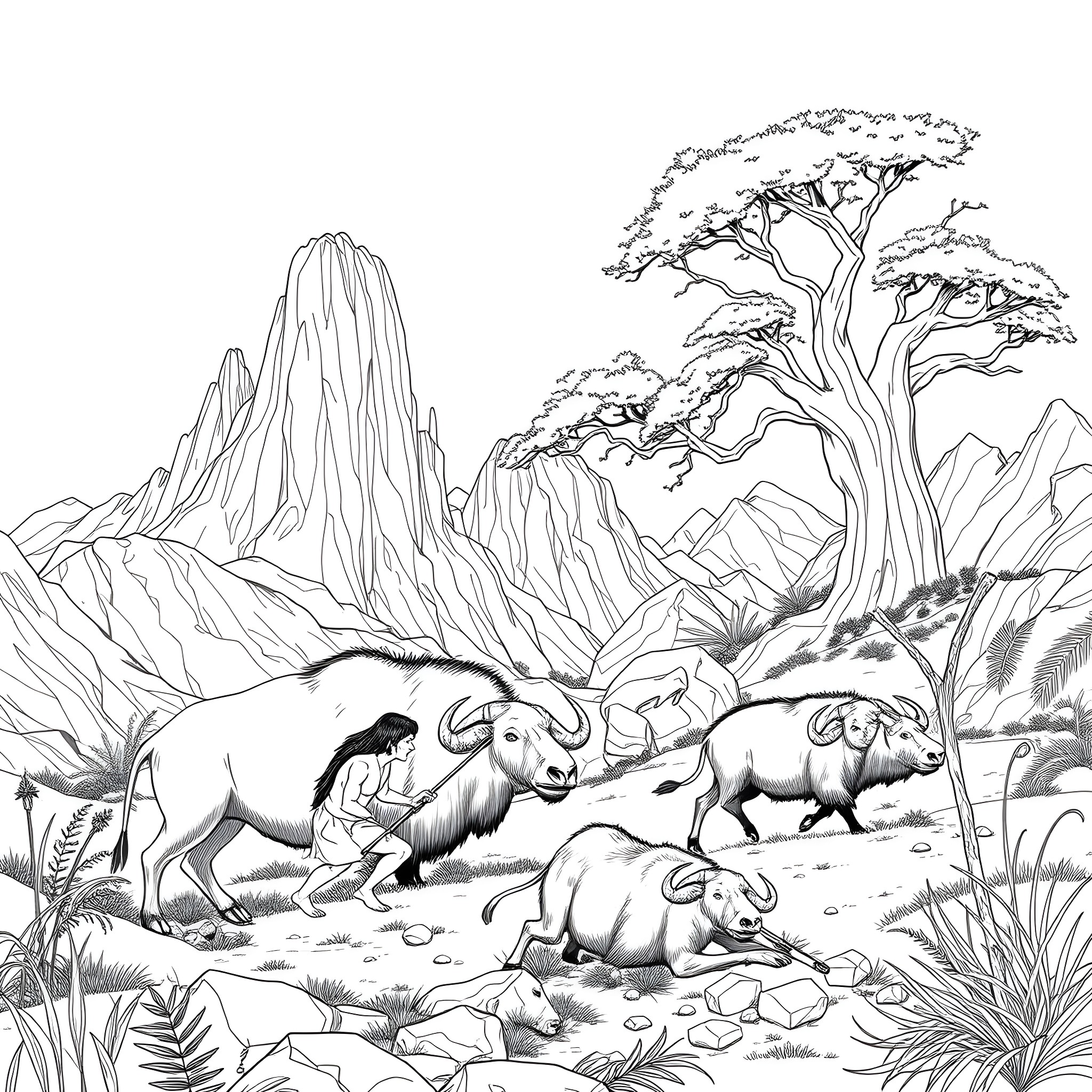 Mammoth family in the wild mountainous landscape Coloring Page (free black-and-white line drawing printable PDF for all, from beginners to advanced learners, including children, teens, adults, and seniors)