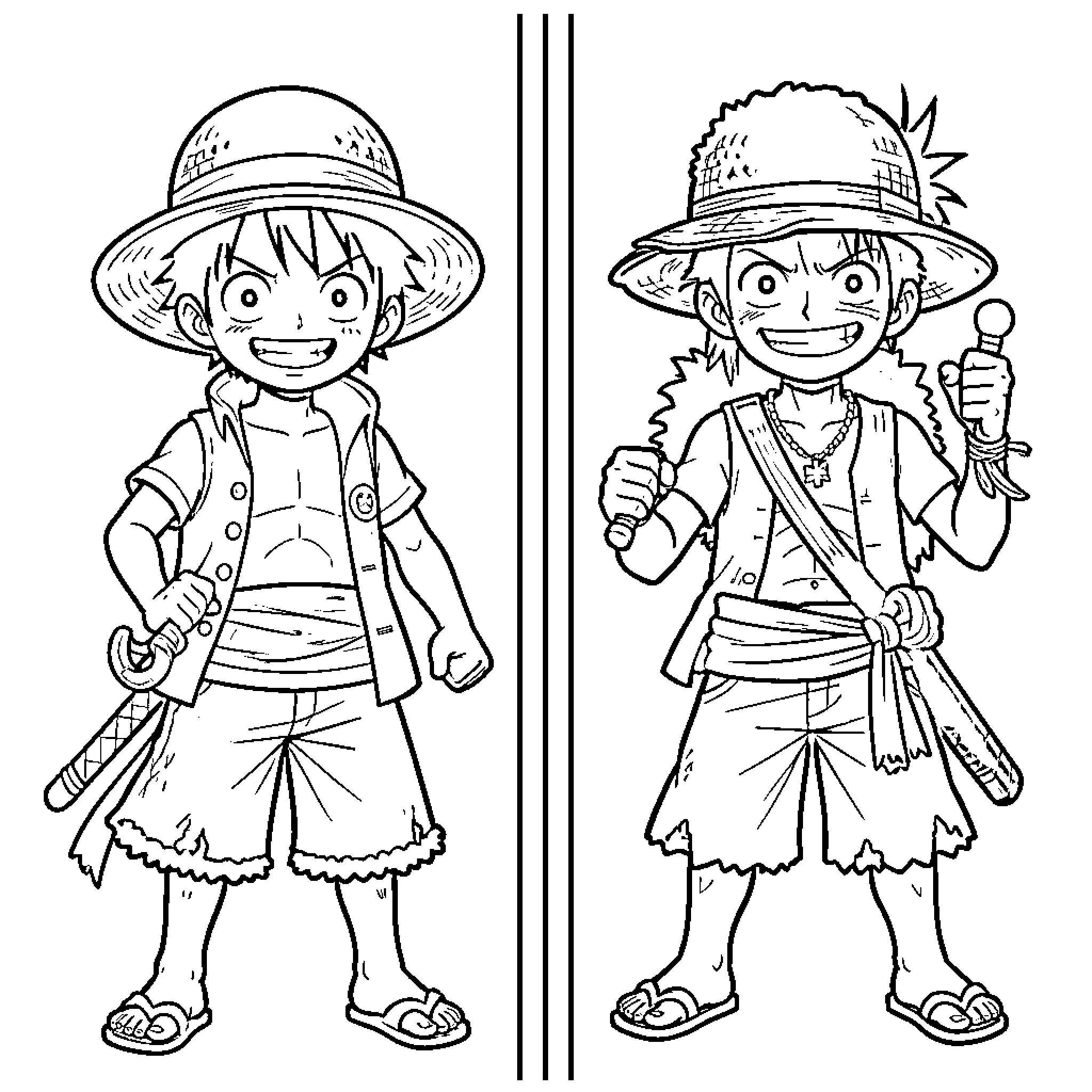 Luffy's Adventurous Explorations in the Tropical Wilderness Coloring Page (free black-and-white line drawing printable PDF for all, from beginners to advanced learners, including children, teens, adults, and seniors)