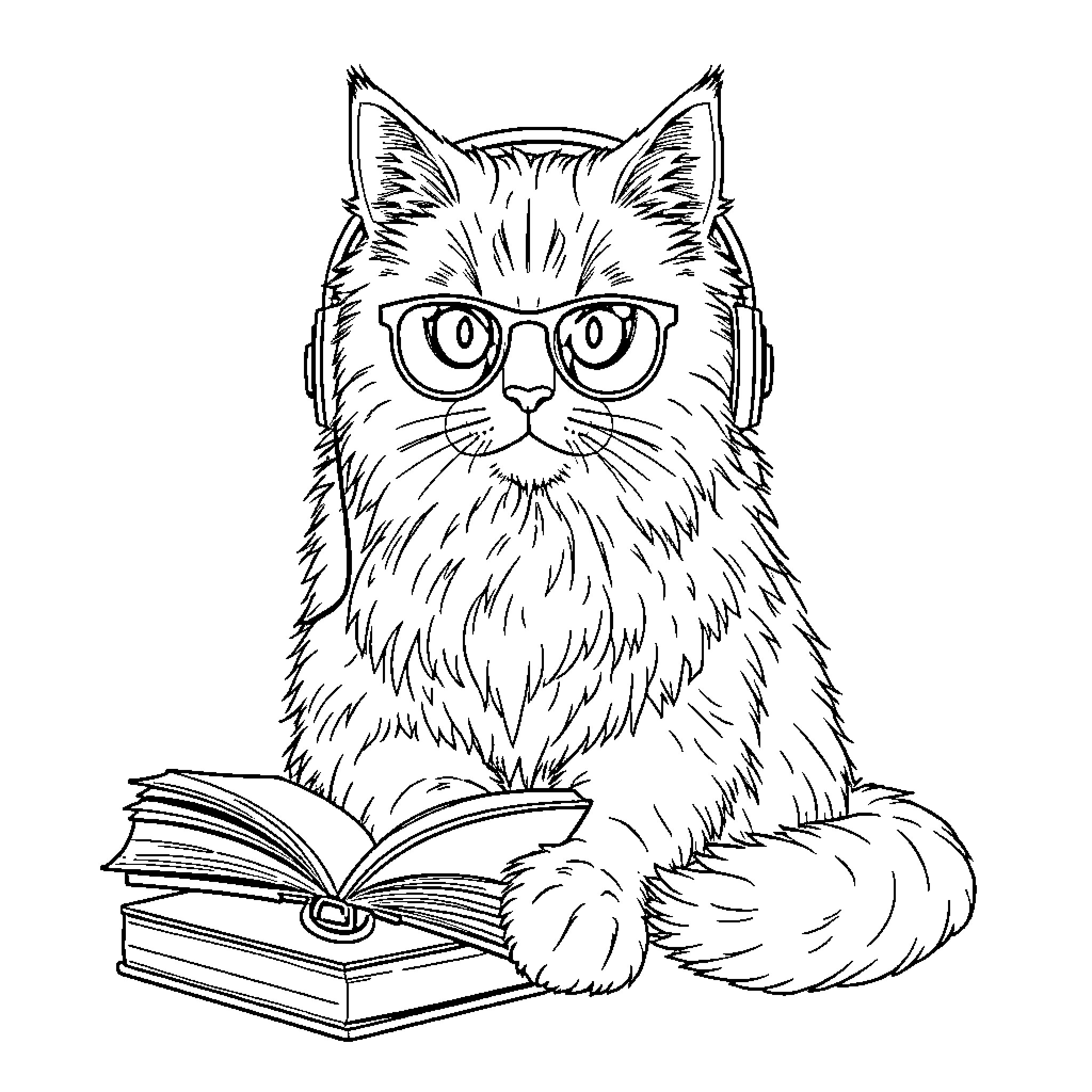 Cat studying intently with books Coloring Page (free black-and-white line drawing printable PDF for all, from beginners to advanced learners, including children, teens, adults, and seniors)