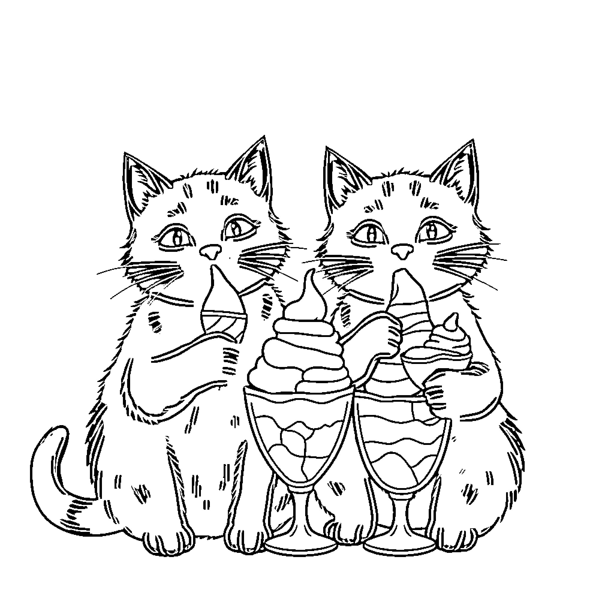 Cats enjoying ice cream together Coloring Page (free black-and-white line drawing printable PDF for all, from beginners to advanced learners, including children, teens, adults, and seniors)