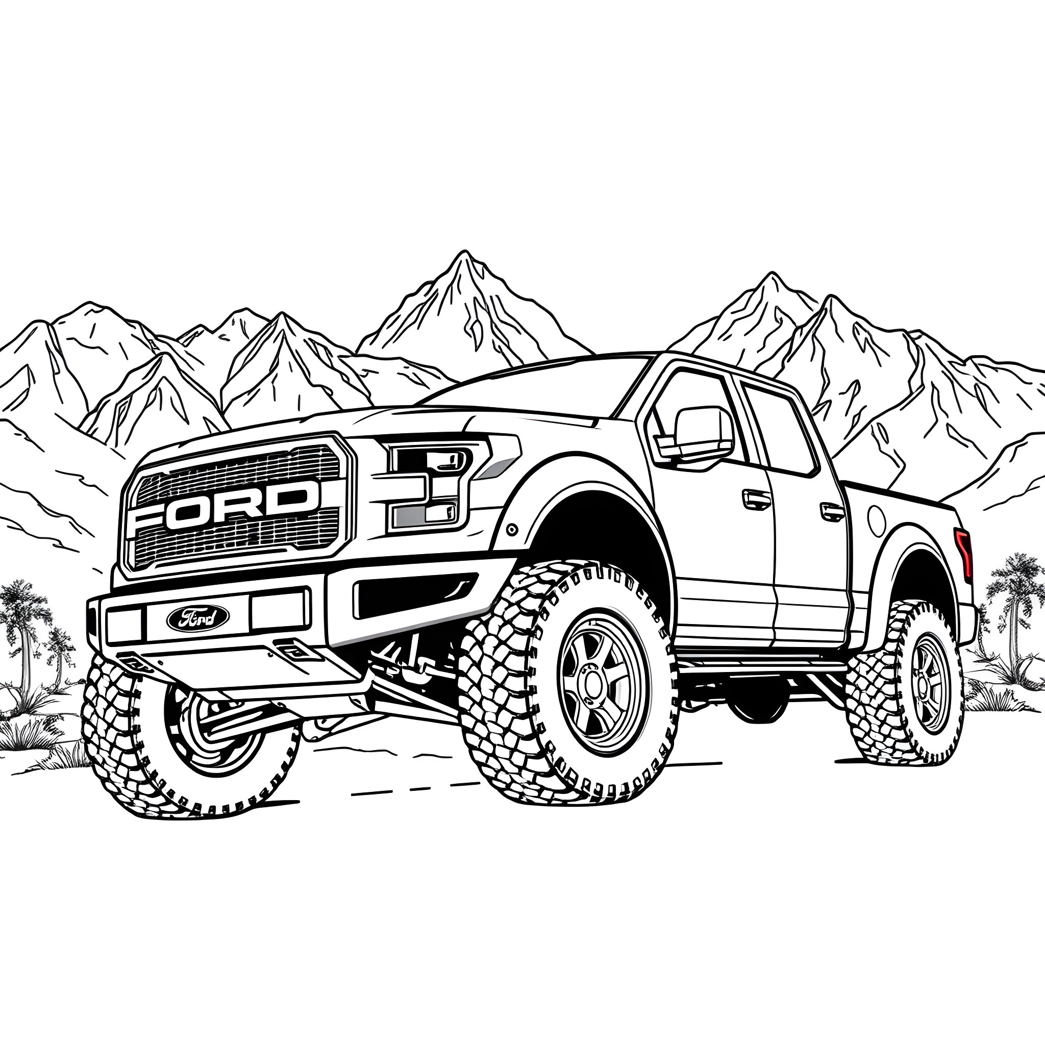 Pickup Truck off-roading in the mountains Coloring Page (free black-and-white line drawing printable PDF for all, from beginners to advanced learners, including children, teens, adults, and seniors)